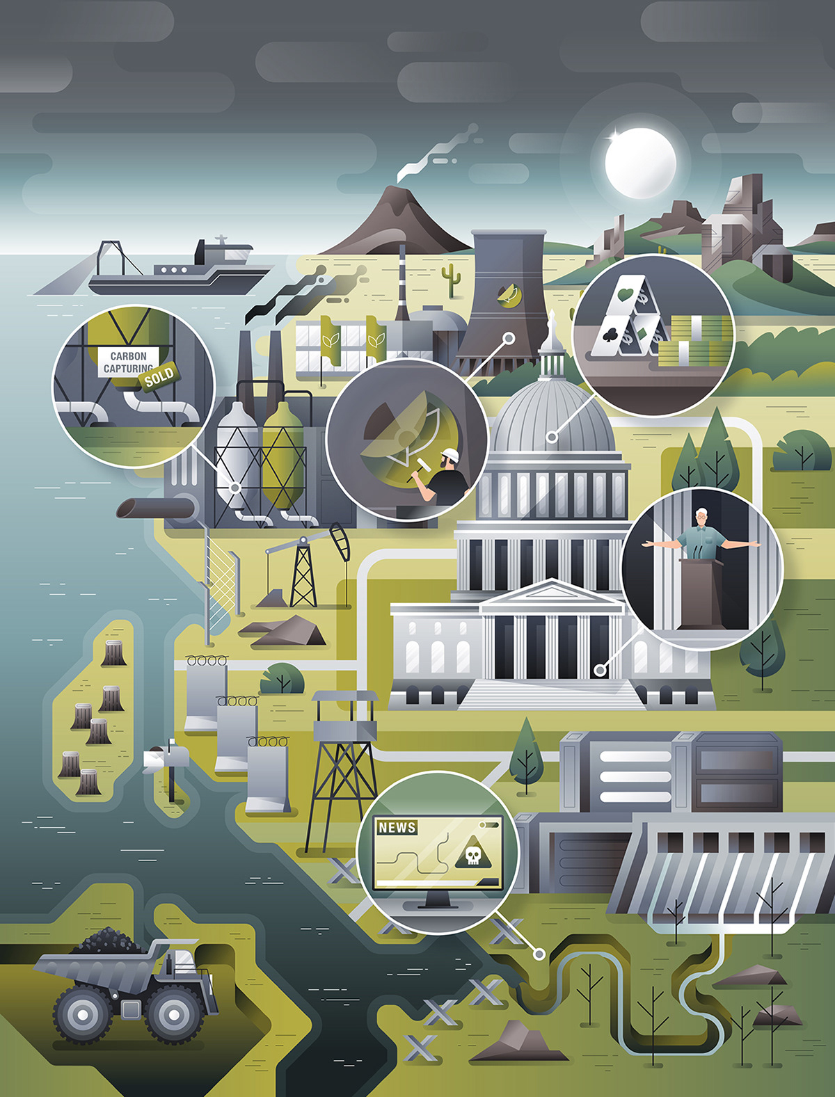 Map illustration of a futuristic distopic scenario with greenwashing, corruption and environmental destruction by Adrian Bauer