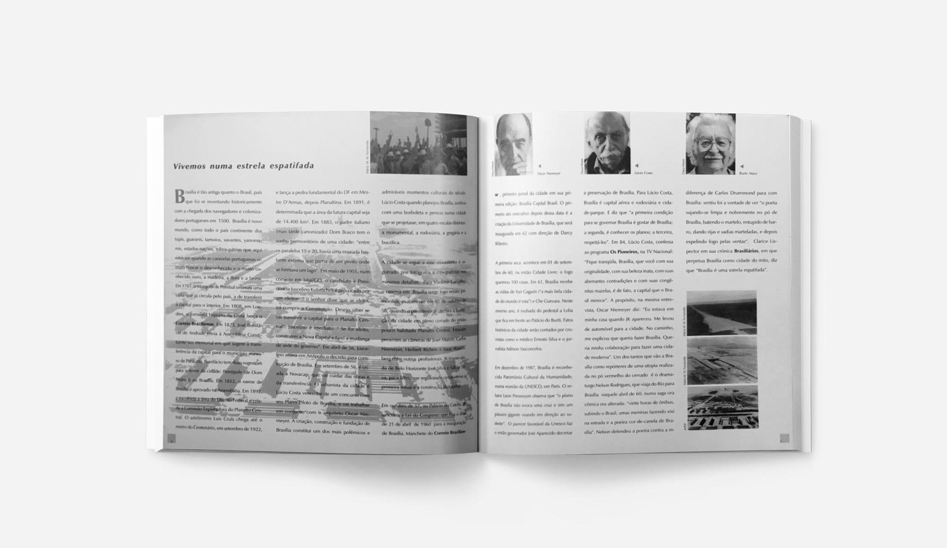 2 pages internes du catalogue "30 Anos de Cinema e Festival" avec des photos de Oscar Niemeyer, Lucio Costa et Burle Marx et texts