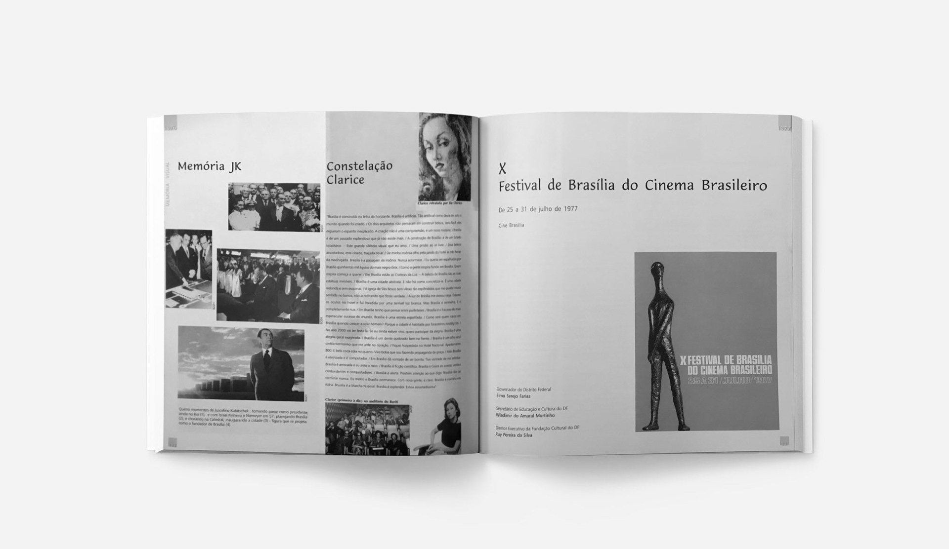 2 pages internes du catalogue "30 Anos de Cinema e Festival" avec des photos de Juscelino kubitschek, Clarice Lispector et l'affiche du Xème Festival de Cinema de Brasilia