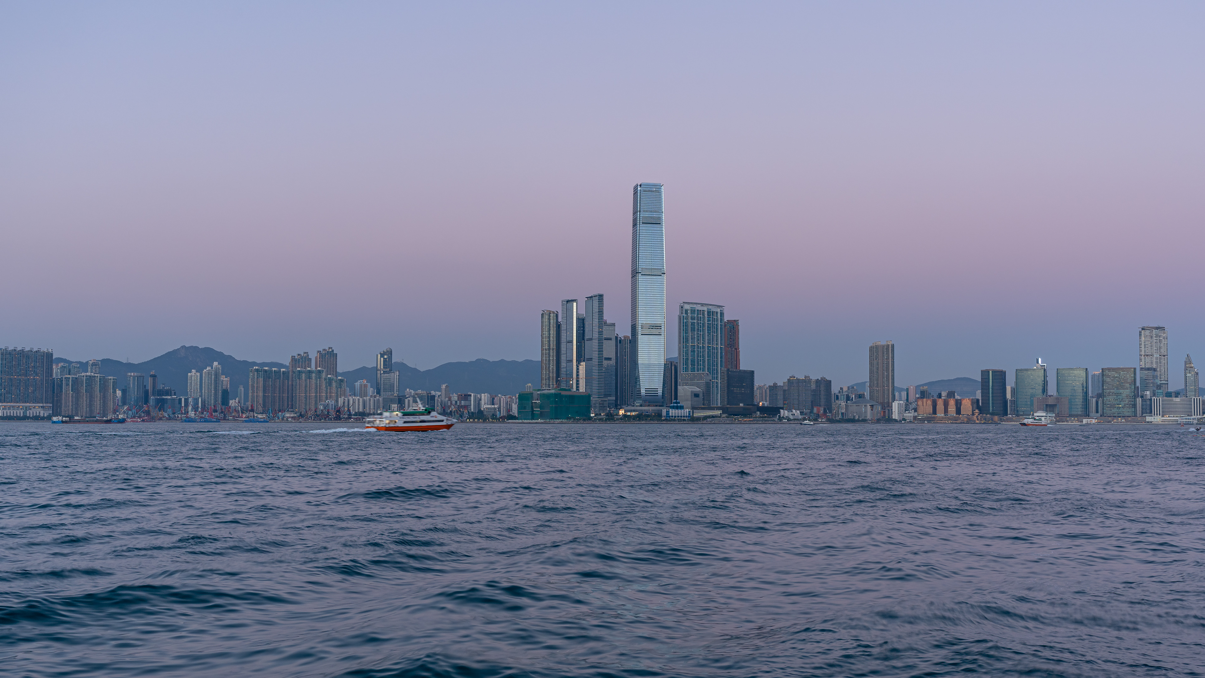 Skyline of Kowloon with Pink Evening Glow, Hong Kong