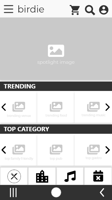 Home page in lo-fi featuring trending categories and easy to use icon navigation