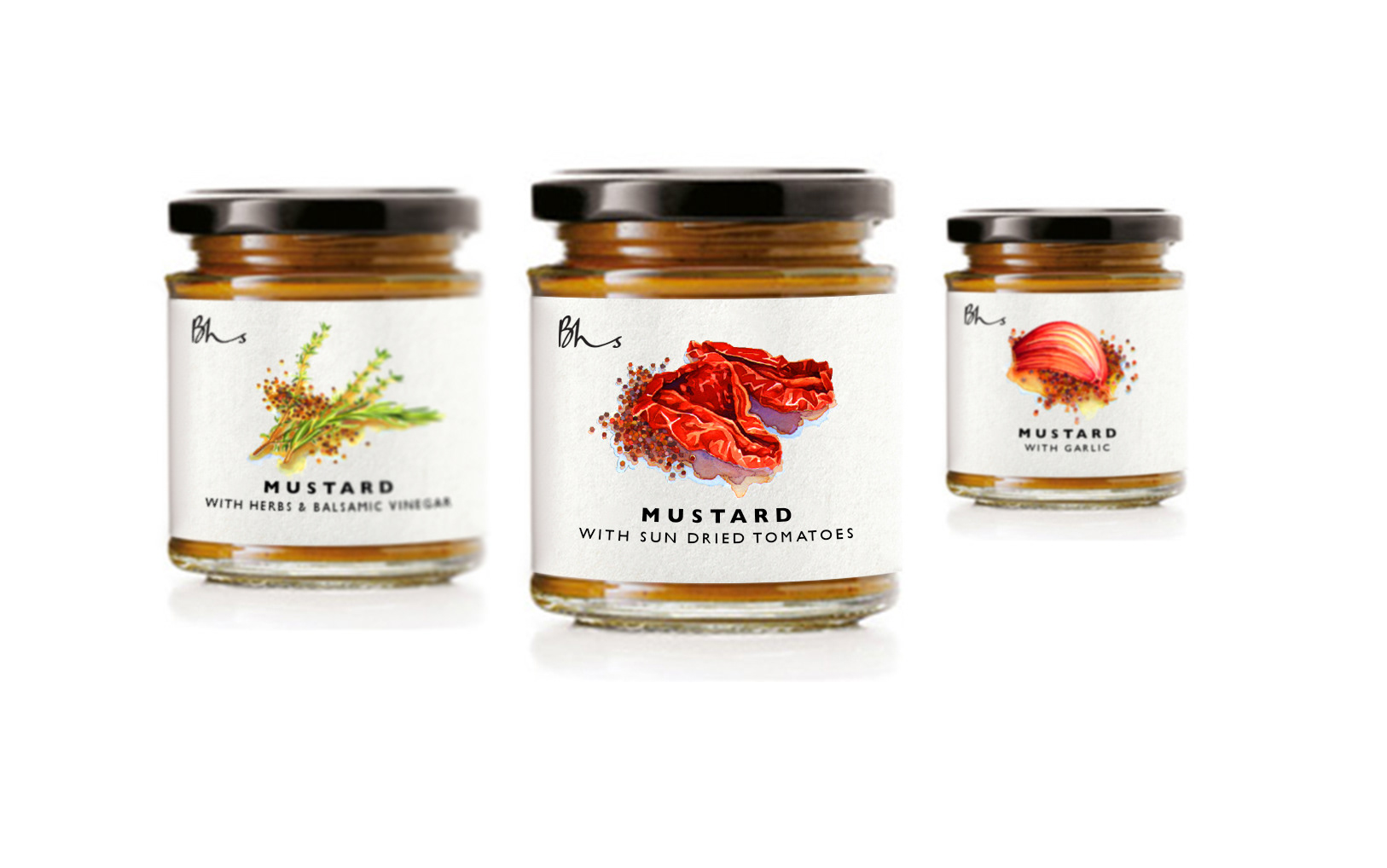 Mustard range of packaging in glass jars and adhesive labels