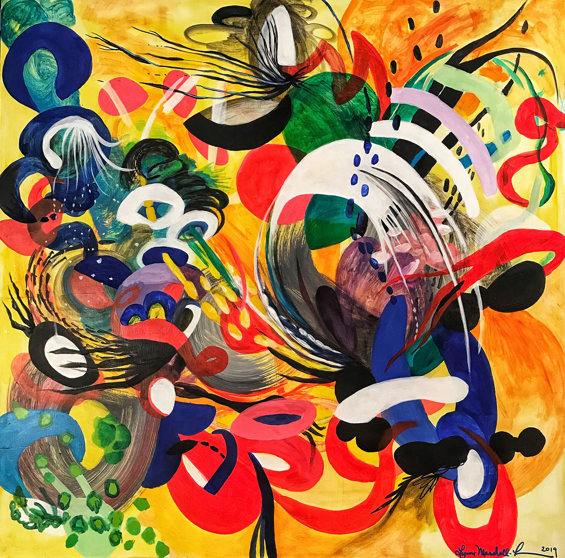 Mad Dash for the Wishing Well, Acrylic on Panel, 36” x 36”, 2019