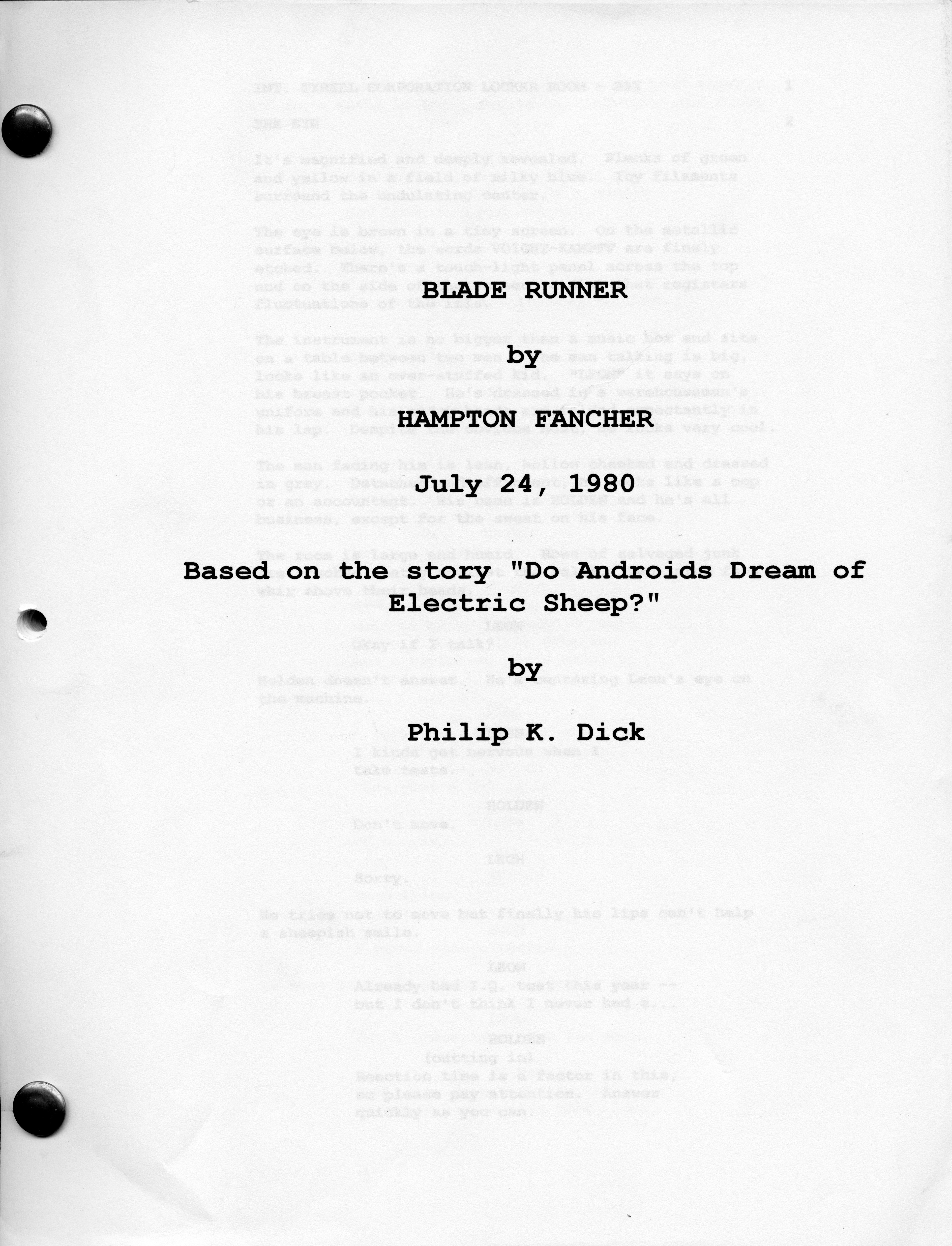 Blade Runner (script) by Hampton Fancher. (July 24, 1980.)