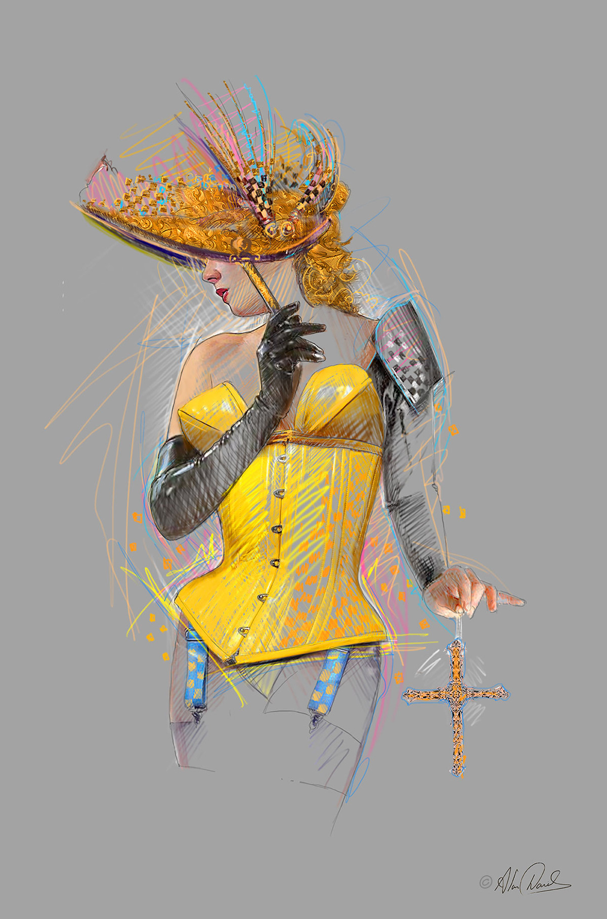 A lady in a yellow corset, garter belt and black latex glove carrying a cross and wearing a hat.
