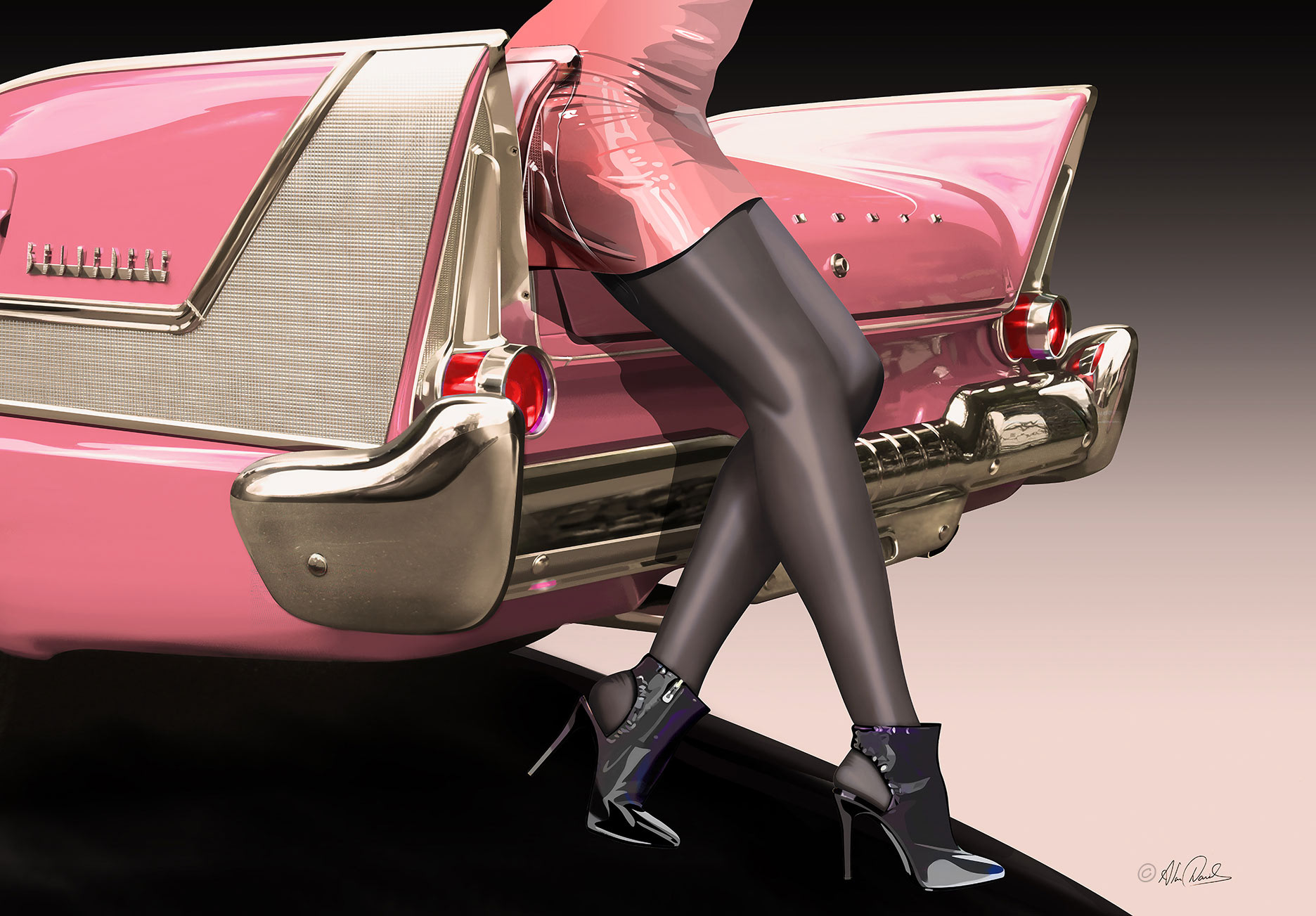 A pink Plymouth Belvedere with a lady in a matching pink latex skirt black tights and high heel shoes.