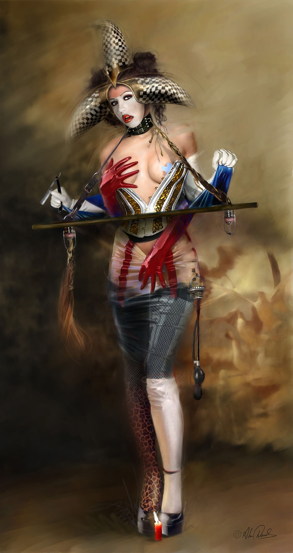 Civil War Circus is really about divorce, the very delicate balance of any relationship, and the ambiguity of the image one projects. The hands in this instance are an unwanted presence but an unavoidable instance. She carries a weapon for protection, a three-pointed hat to project humor, a contrary mix of clothing to show indecision. She is what she needs to be in order to survive.