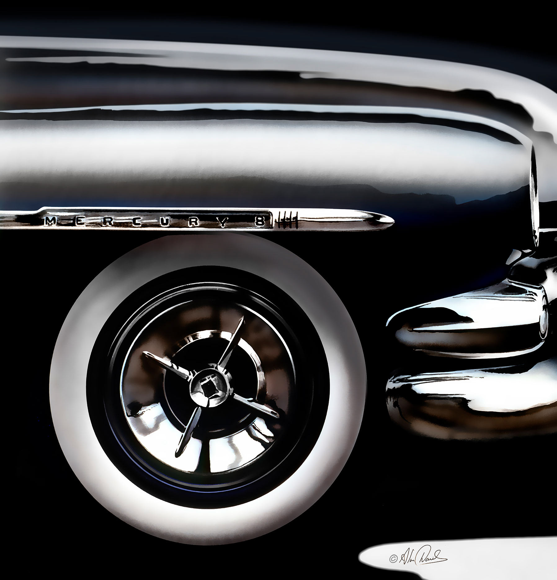 A Mercury car with white wall tires and spinner hub caps.