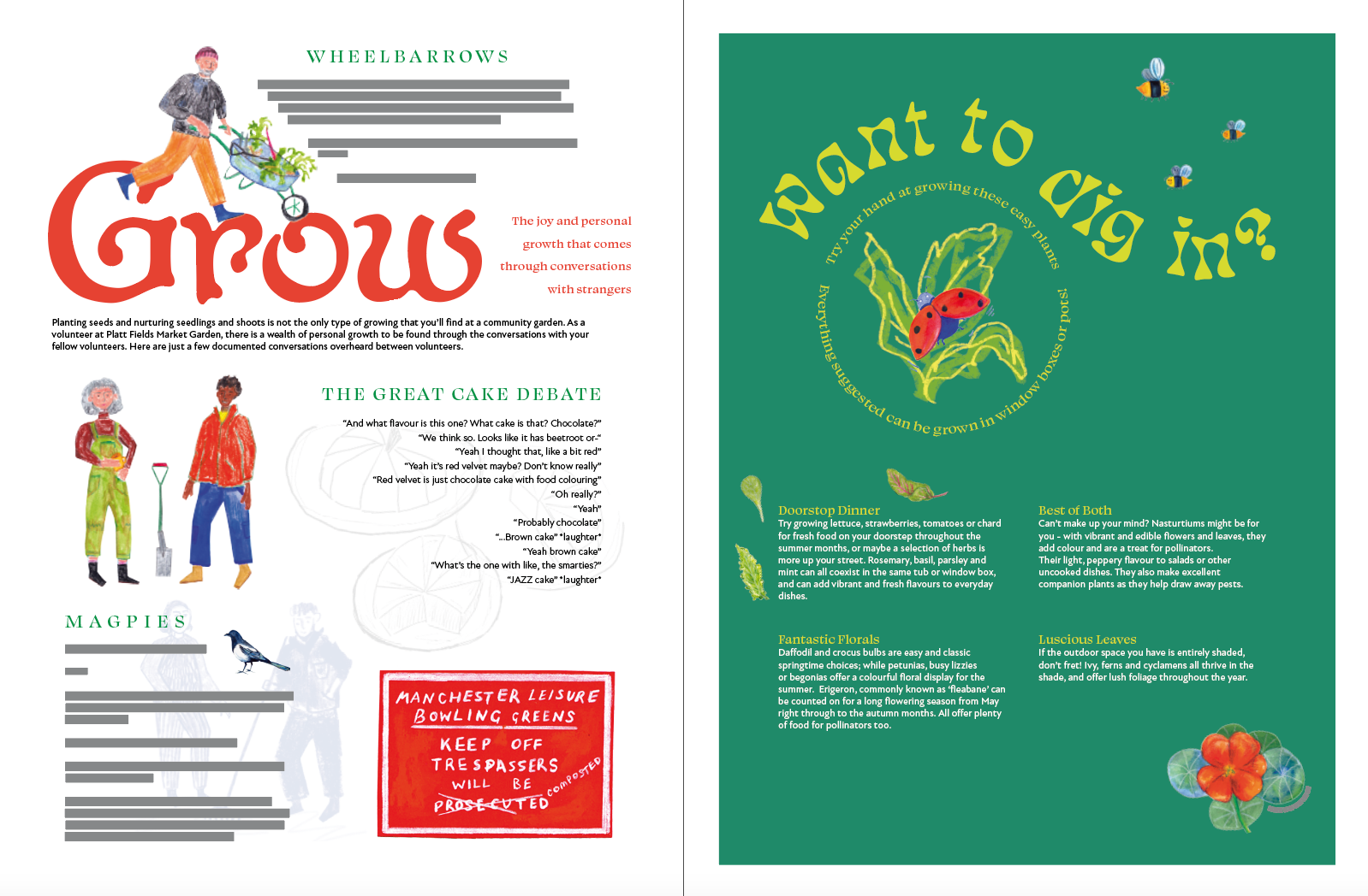 White background looks cleaner opposite bold colour of other page I think. Allows illustrations to bounce off the page more