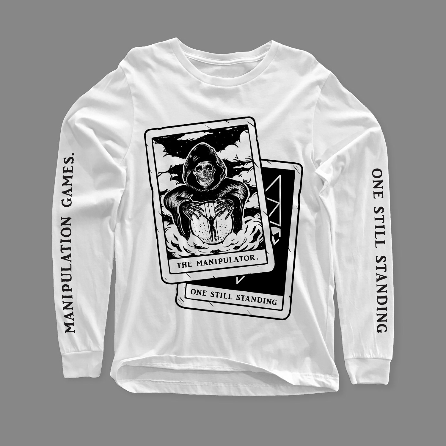 Black tarot card design on a white long sleeved shirt
