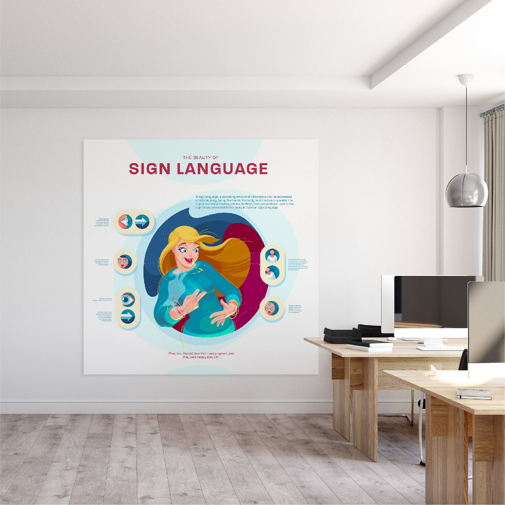 Infographic poster showing the beauty of sign language. Interior mockup.