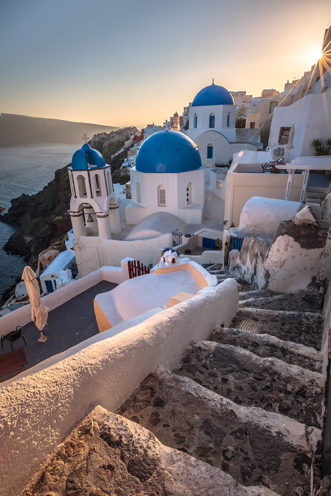 Santorini Blue-Domed Churches at Sunset