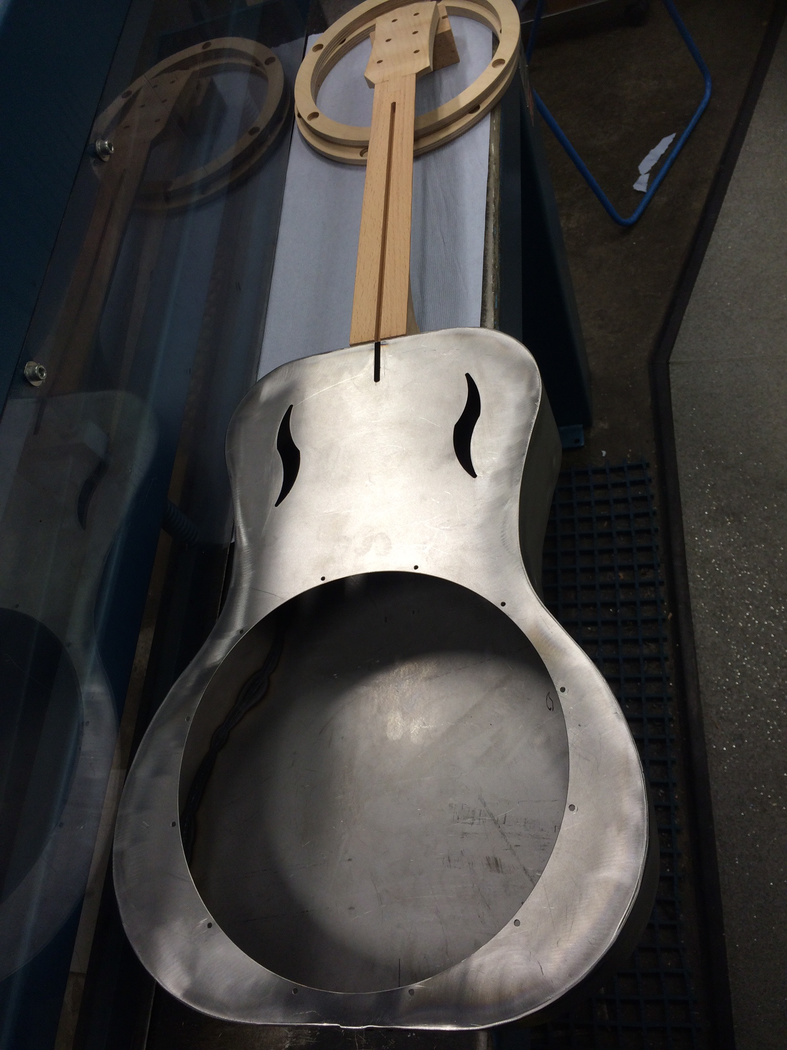 The Assembled Metal Body, Neck and Headstock of the Resonator Guitar