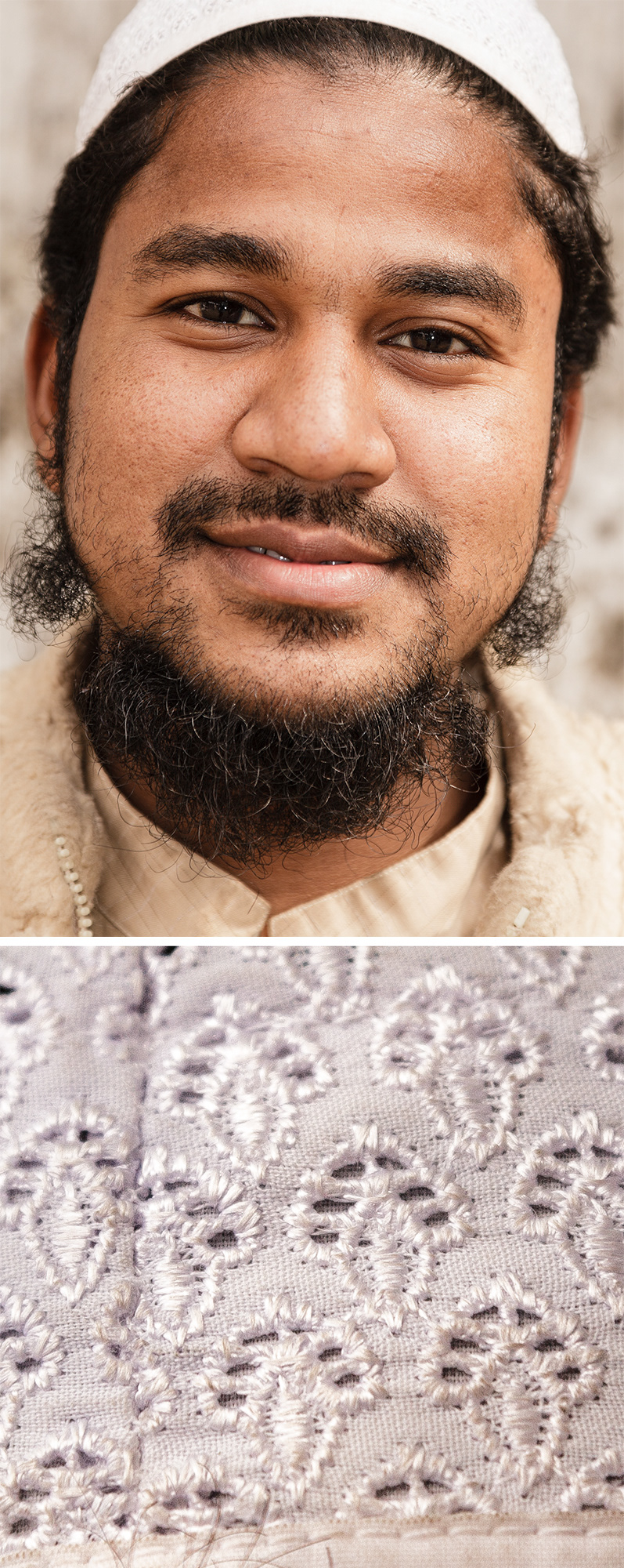 Name: Hafez Mohammed Age: 25 "I am the Imam of the Shahi Mosque at Dhaka University. I wear the traditional Tupi on my head to represent his religious beliefs."