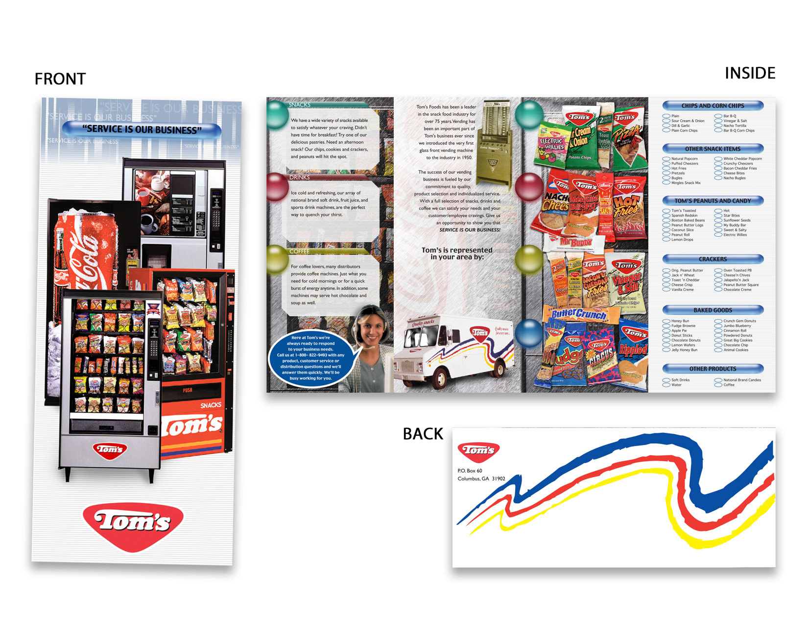 Trifold for Tom's Foods. Designed to look similar to the apple operating system in early 2000.