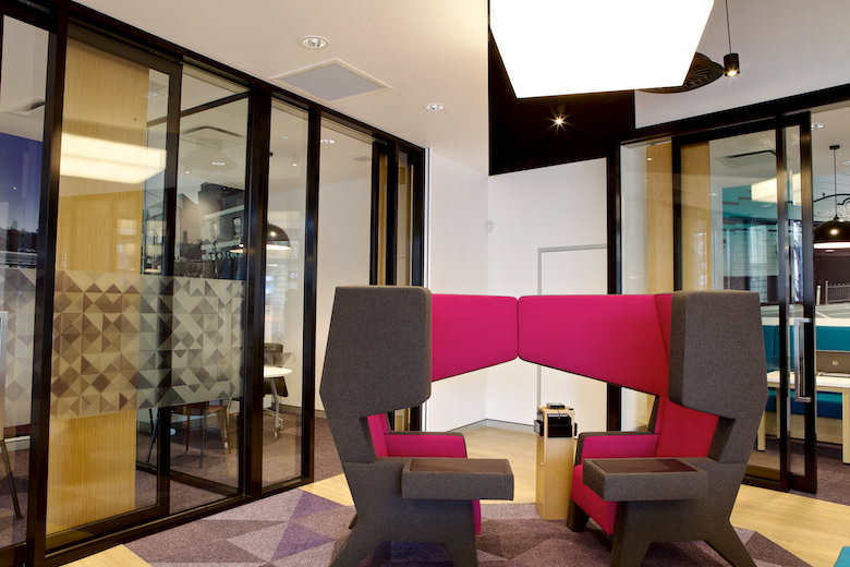 Acoustic meeting chairs in BoM brand colours