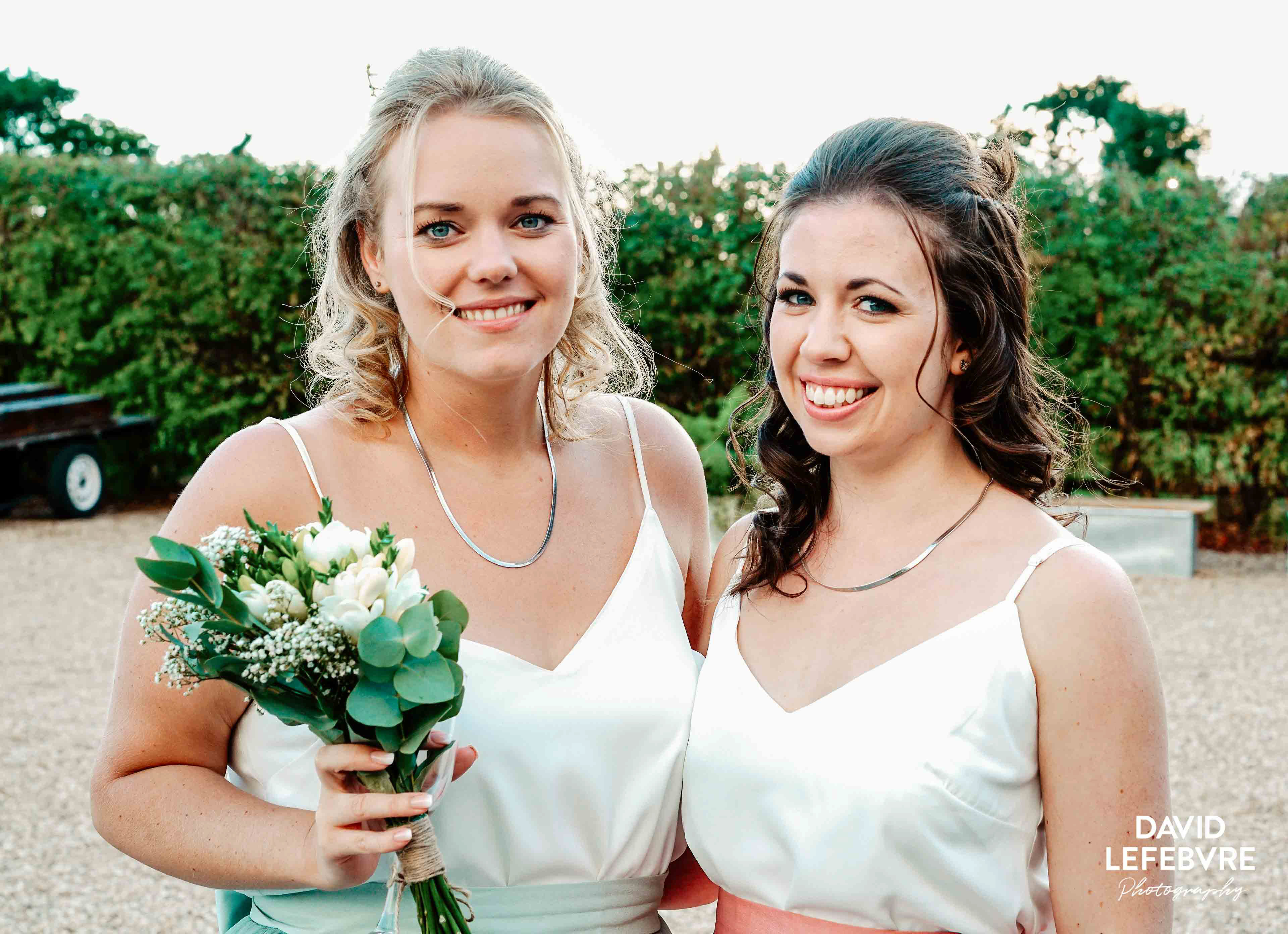 beautiful smiling bridesmaids outside owen barn house wedding venue