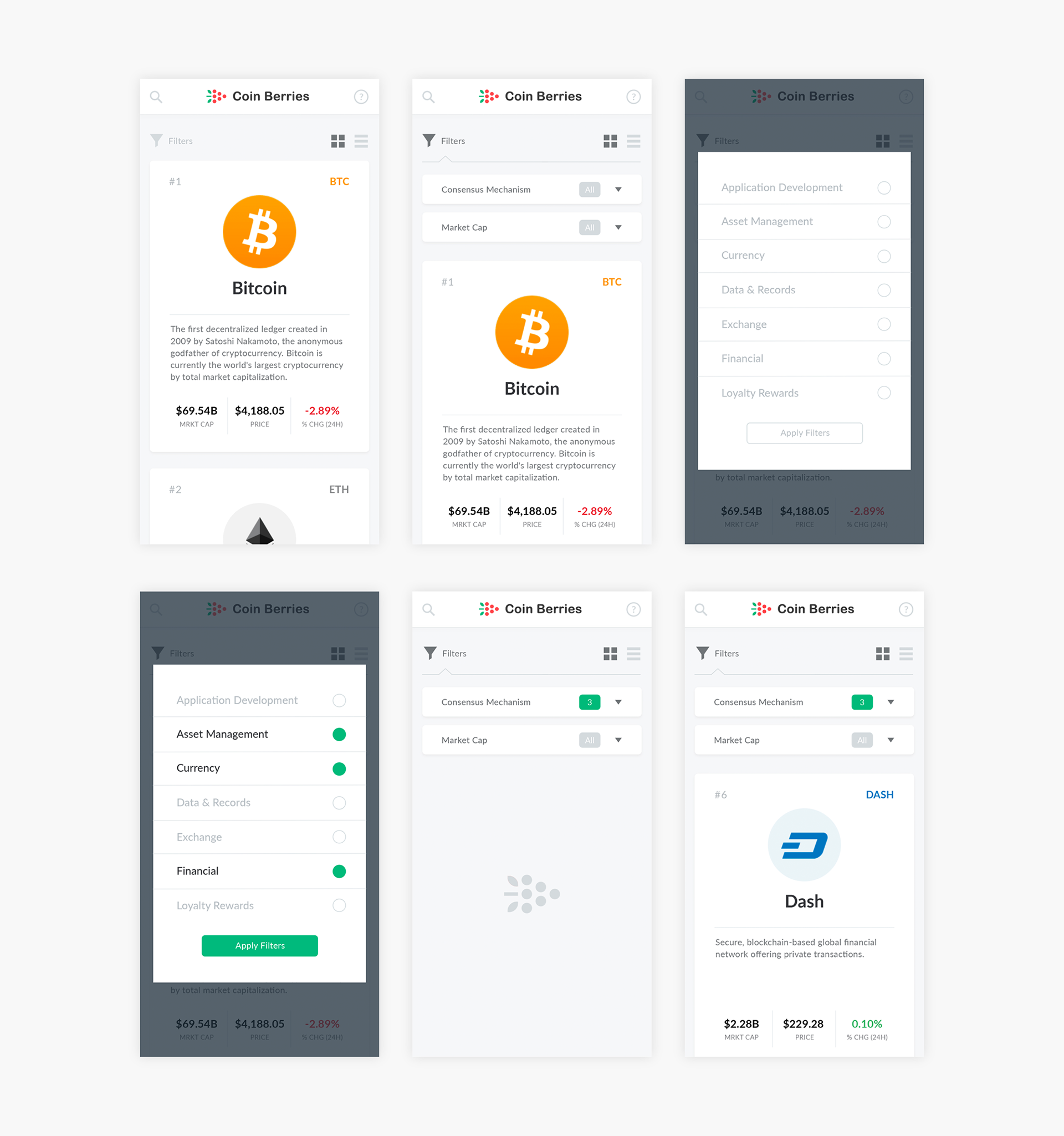 Cryptocurrency app filters