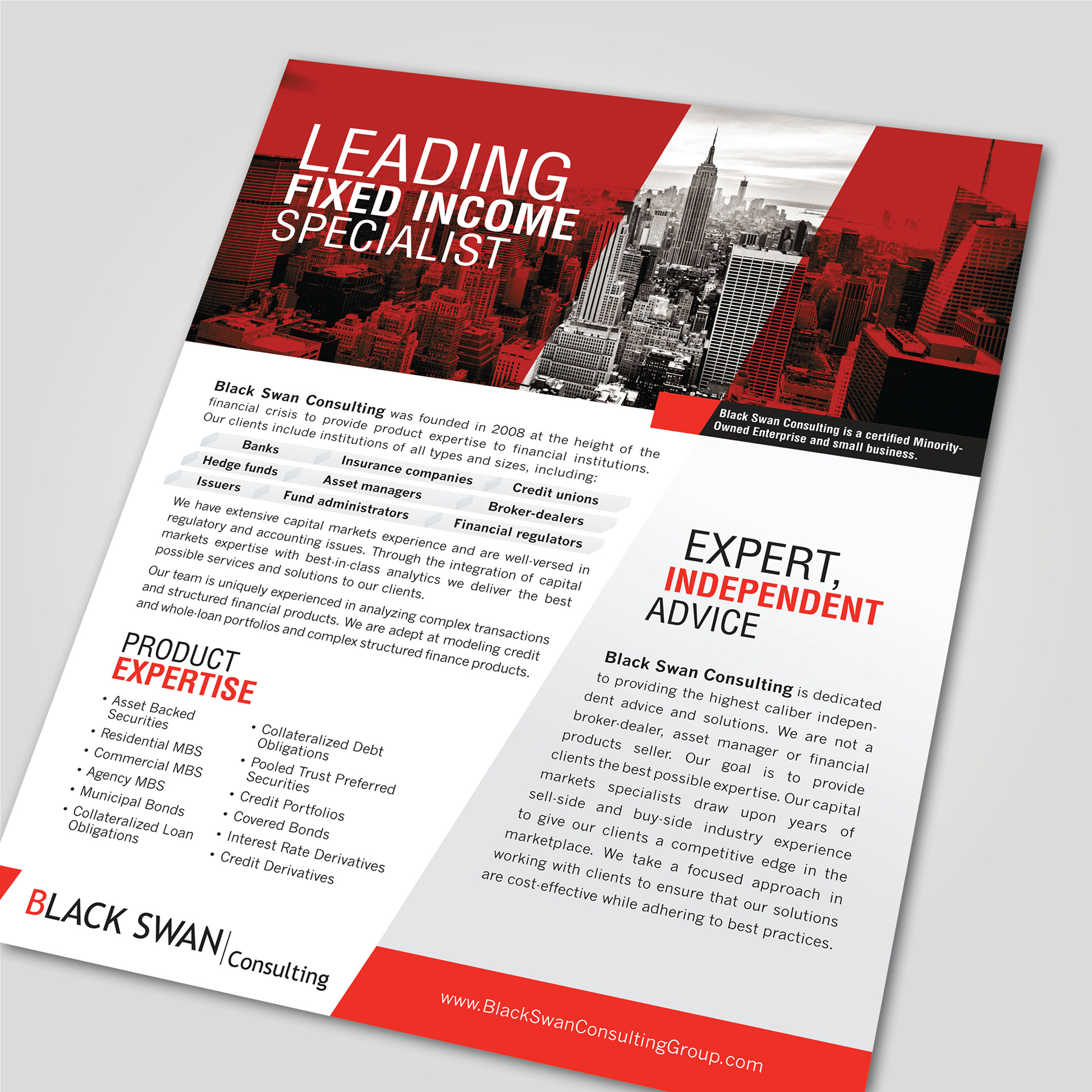Fixed income specialist, Black Swan Consulting, financial information sheet, red and black, black and white photography, structured finance advisors, financial marketing, financial graphic design, structured finance marketing, structured finance graphic design, structured finance digital marketing, new york city, Linda Modica, LMID, Aaron Wong