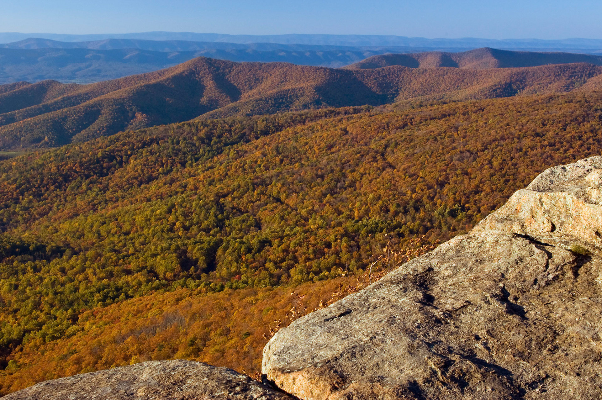The view from Mary's Rock in Shenandoah National Park in Virginia includes the Blue Ridge Mountains.