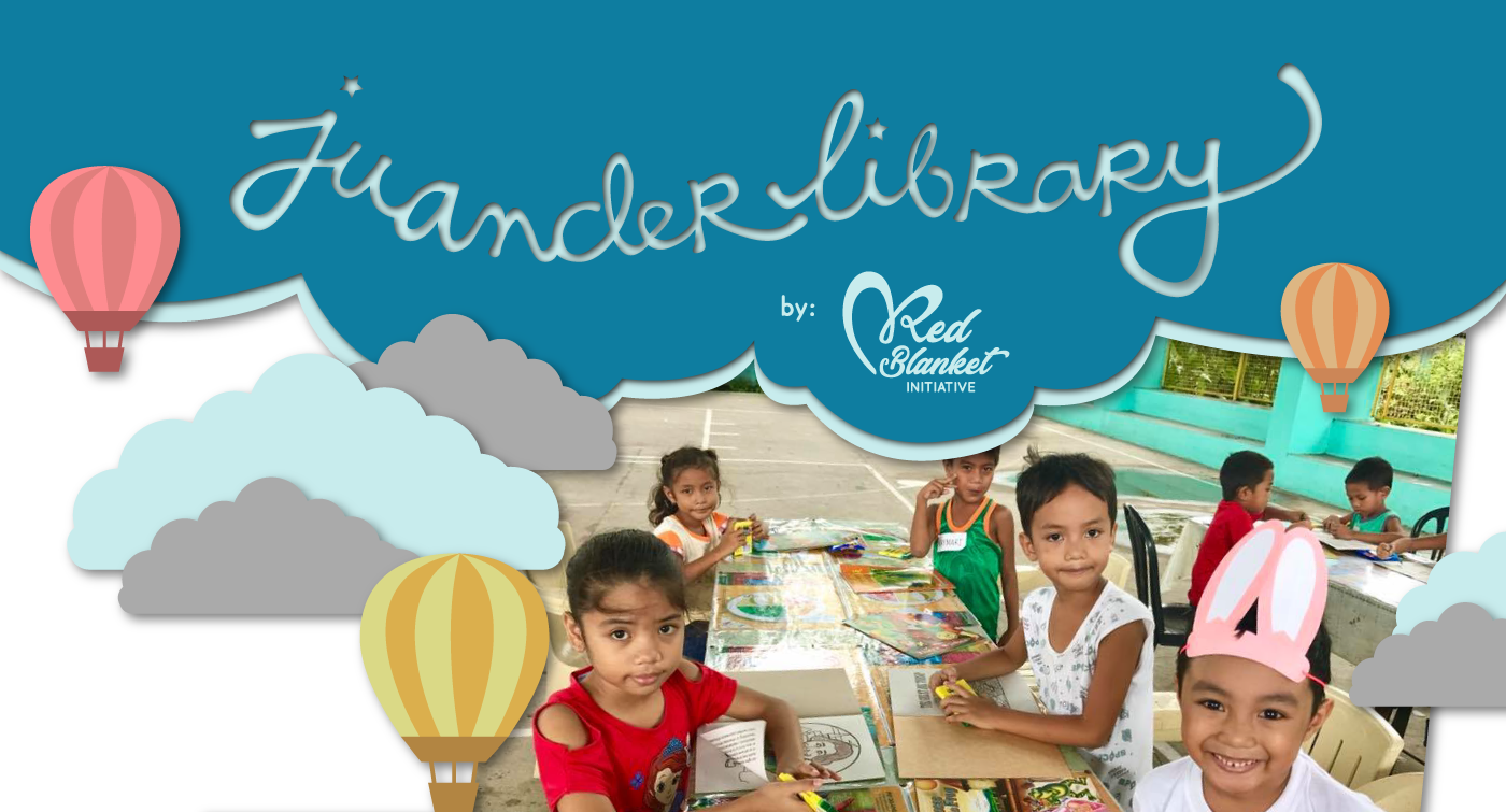 Kids coloring children's books, with clouds and hot air balloon, reading-inspired library logo