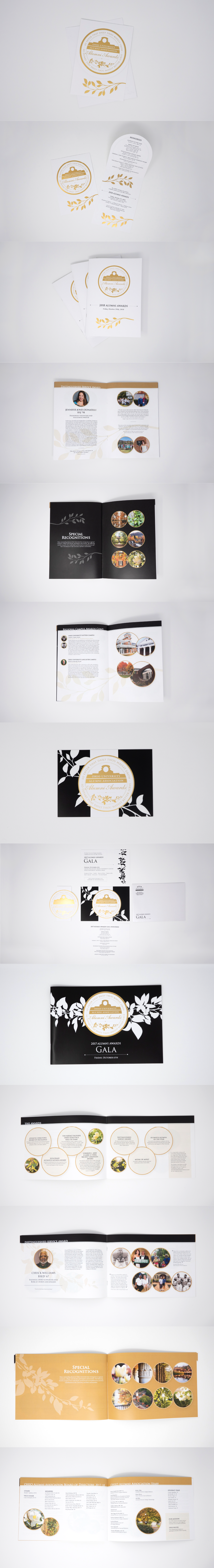 This image shows the invites and programs from both years. Invitations contain event details and awardee names. Spreads from the programs include profiles on awardees, info about the awards, and other notable alumni from that year.
