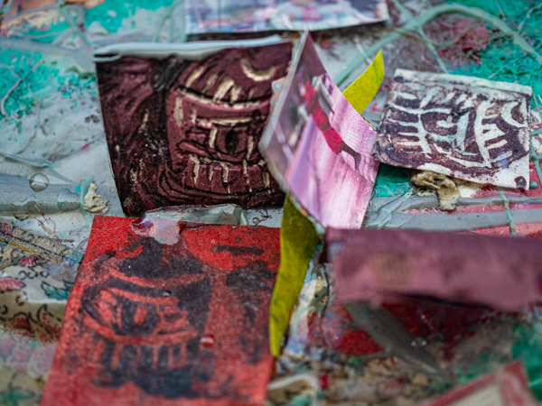 Block print on paper and vinly