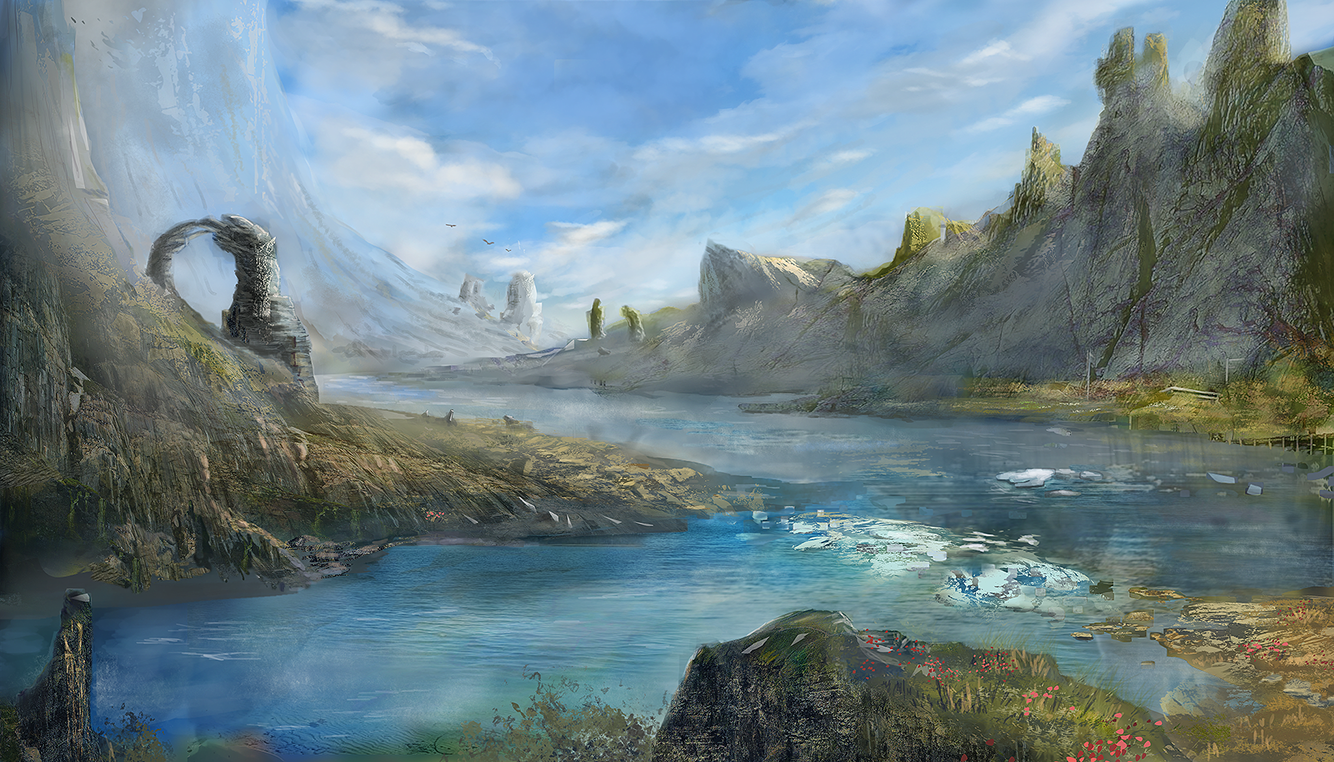 Concept art of a nordic fjord scene
