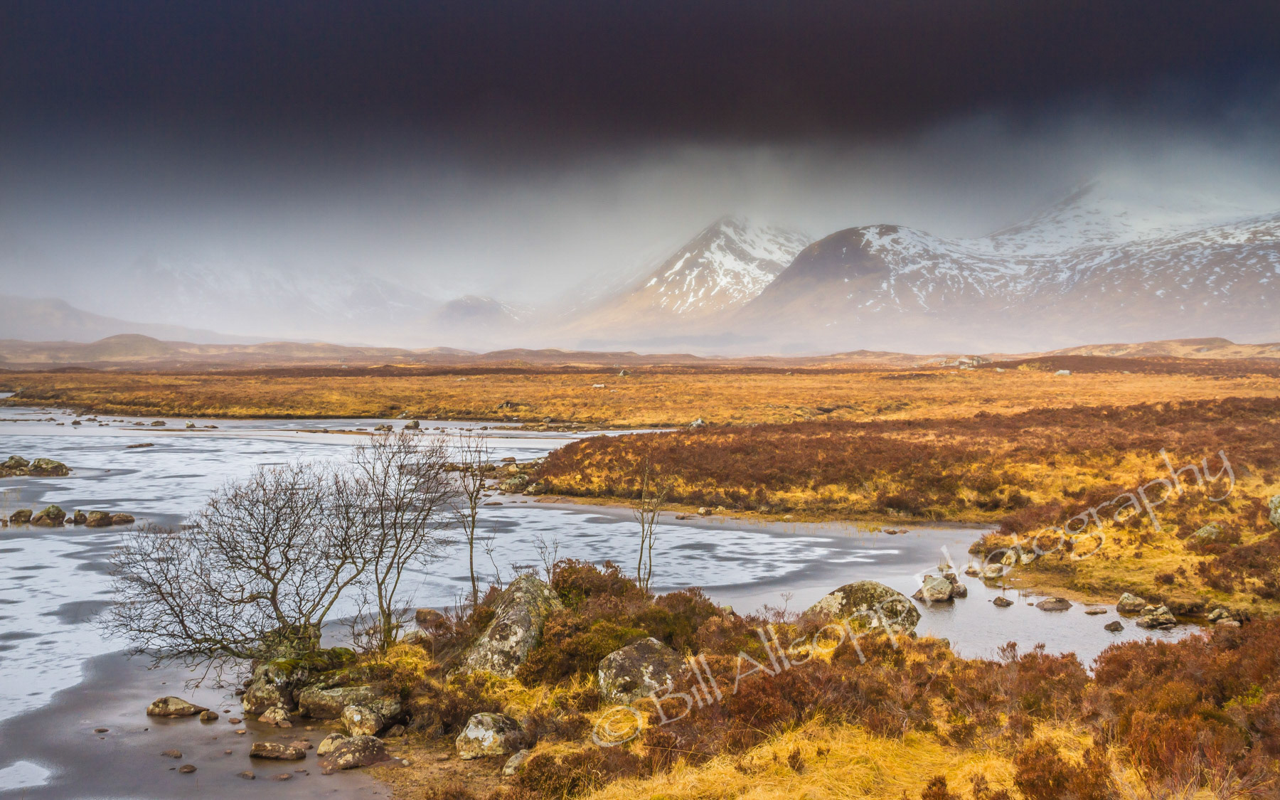 View of Lochan na h-Achlaise, Rannoch Moor in winter.