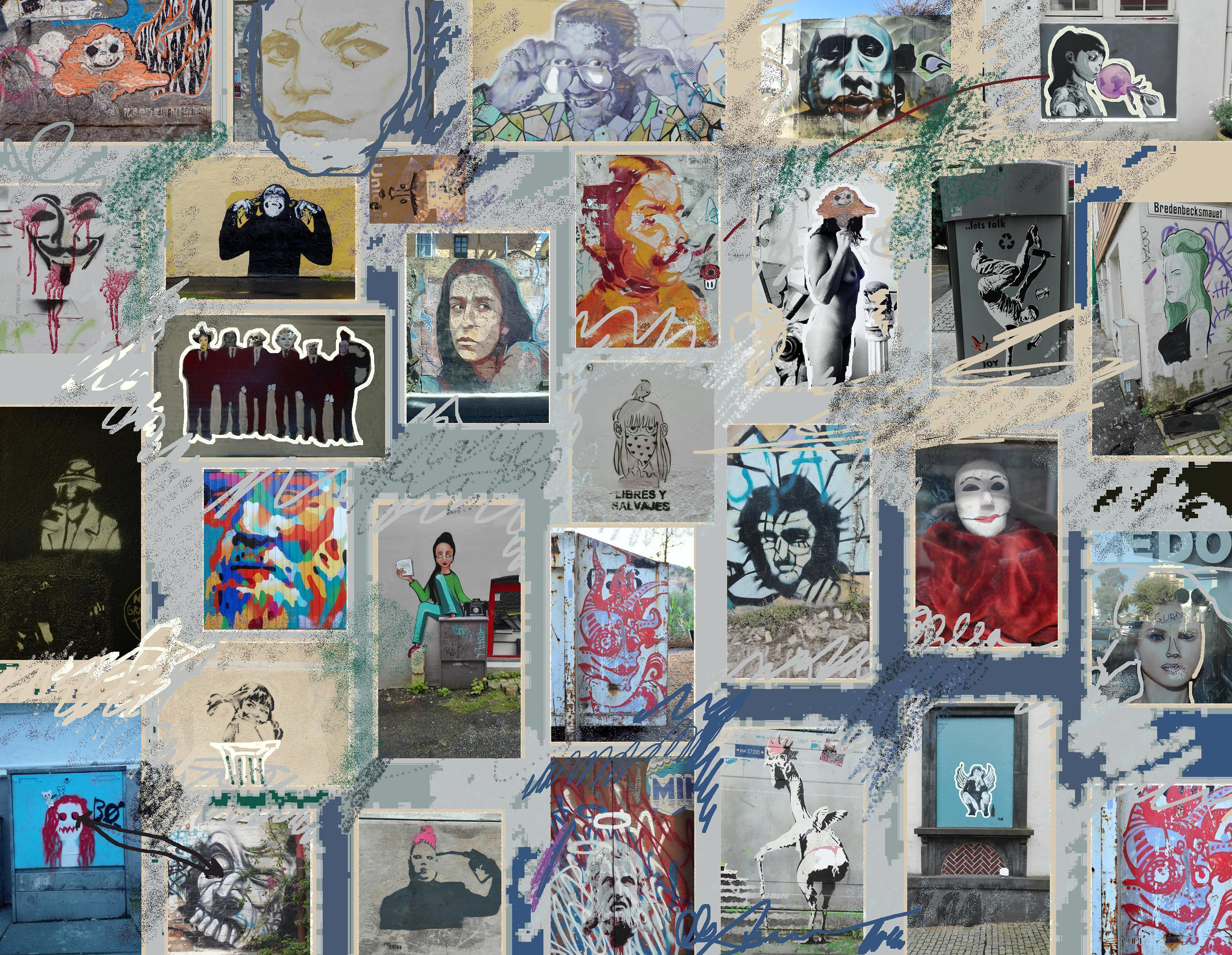 Nº 59. Título: Cuaderno de trabajo 2. Medidas: 200 x 155 cm. Técnica: Impresión digital. Instalación efímera a partir de treinta grafitis callejeros recogidos en diversas ciudades (Bergen, Granada, Málaga, Oslo). Año 2017.