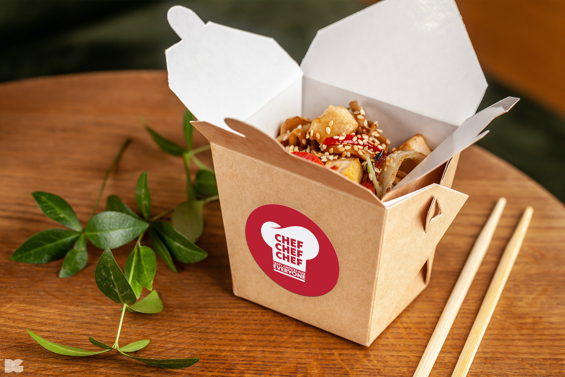 Chef Chef Chef branded Chinese food in kraft brown takeaway carton.