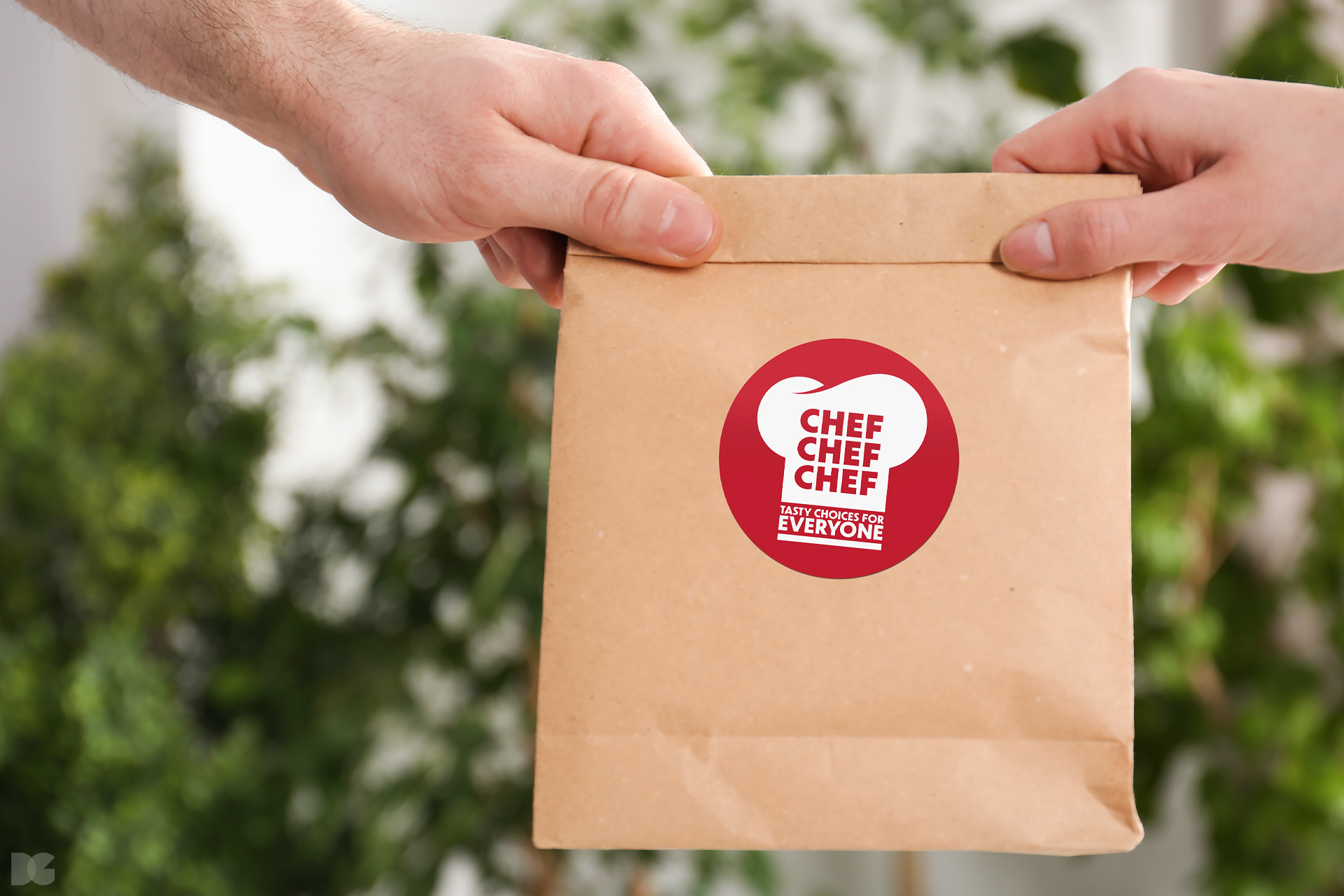 Chef Chef Chef branded takeaway food being delivered to a customer.