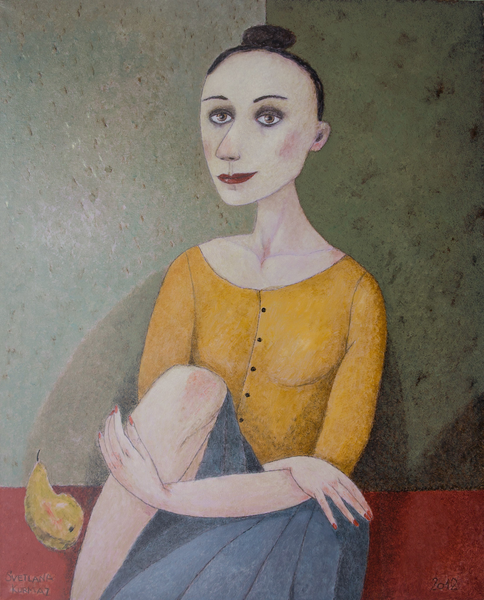 GIRL WITH PEAR, oil on canvas, 100x80cm.