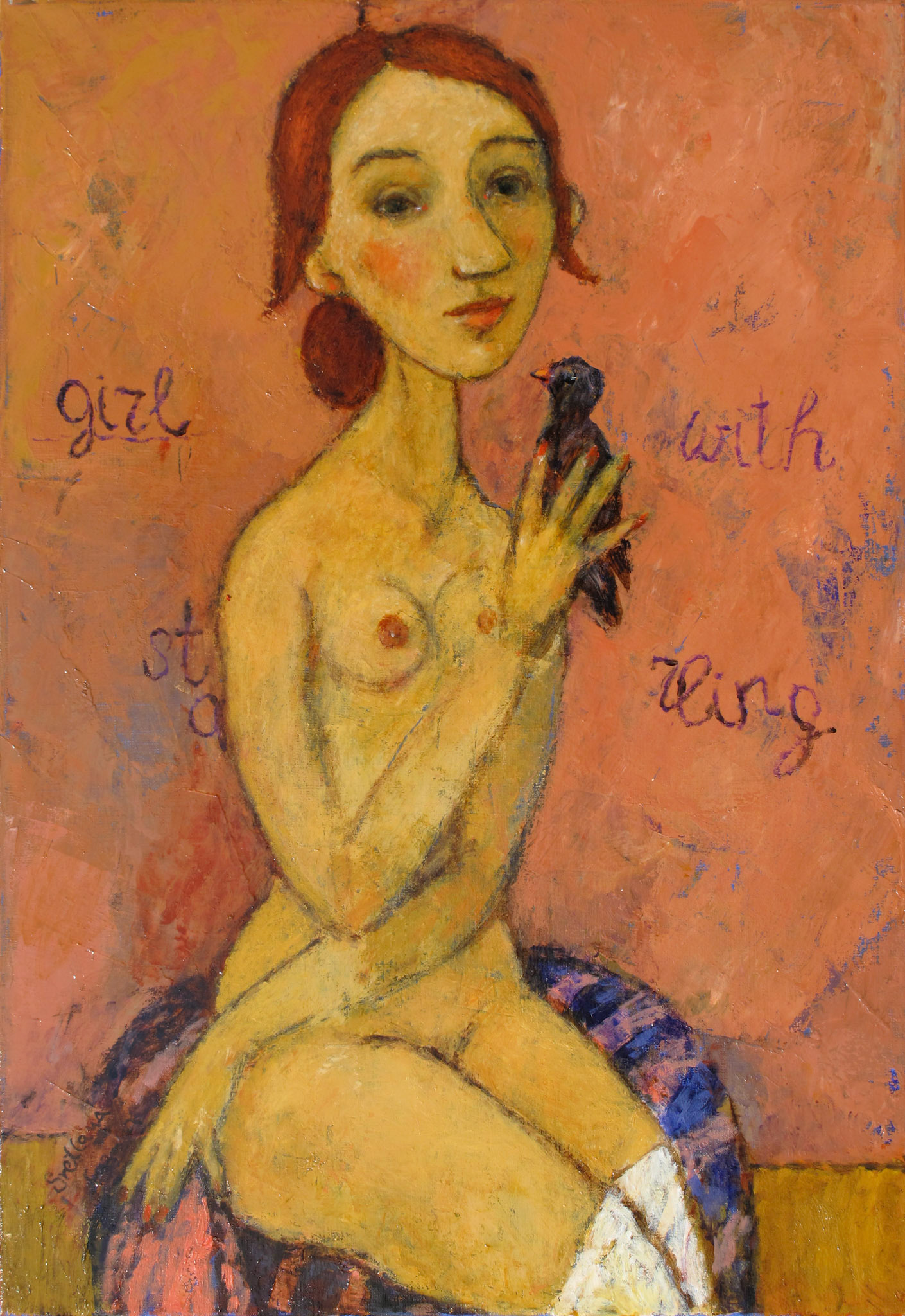 GIRL WITH STARLING, oil on canvas, 65x45cm.