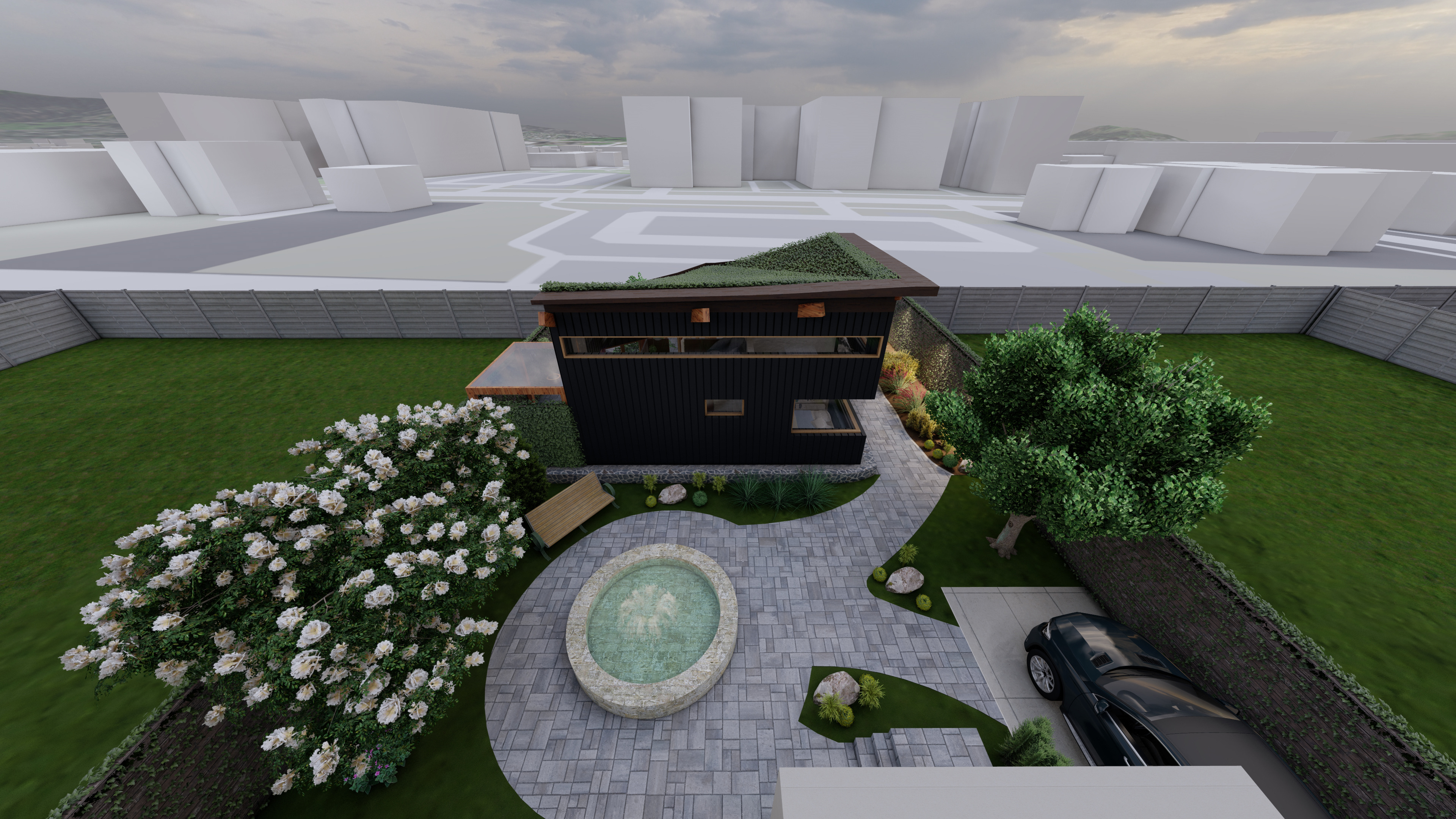 Aerial view looking at shared courtyard