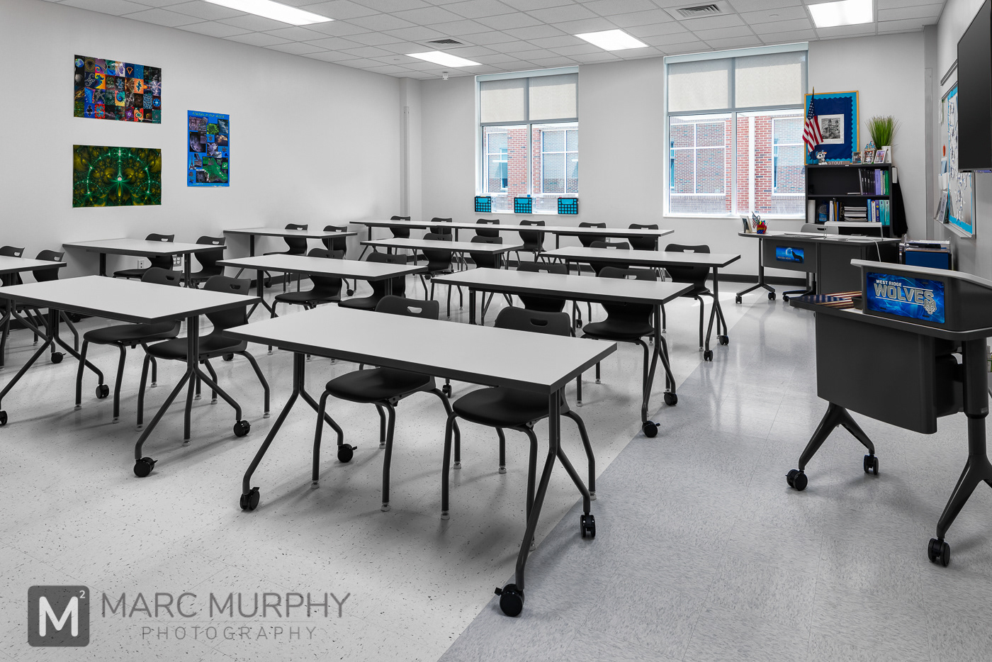 West Ridge High School Classroom with desks, chairs, podium and windows