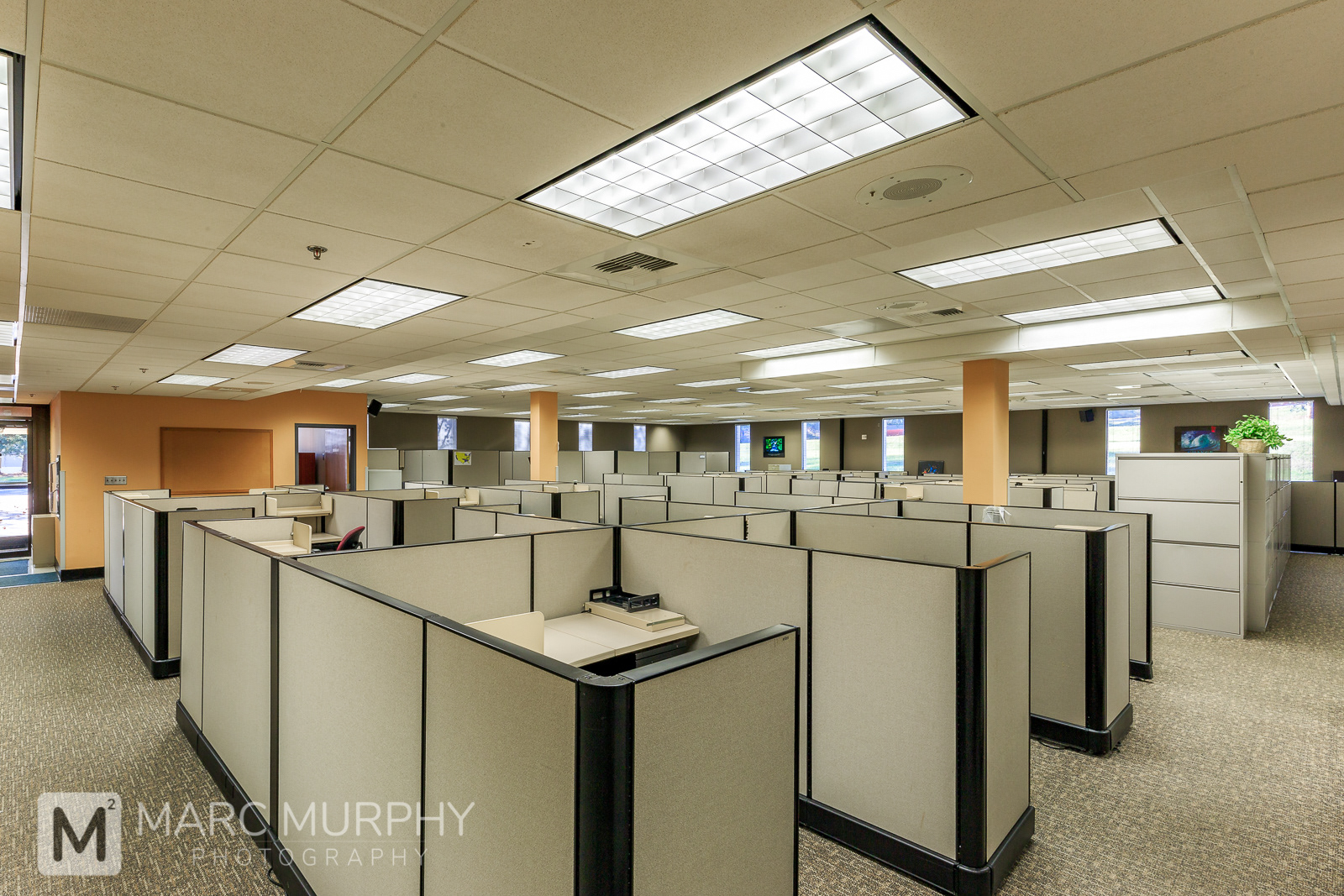 Call Center Office Building Interior with the Whole Space Filled with Cubicles, Desks and Filing Cabinets