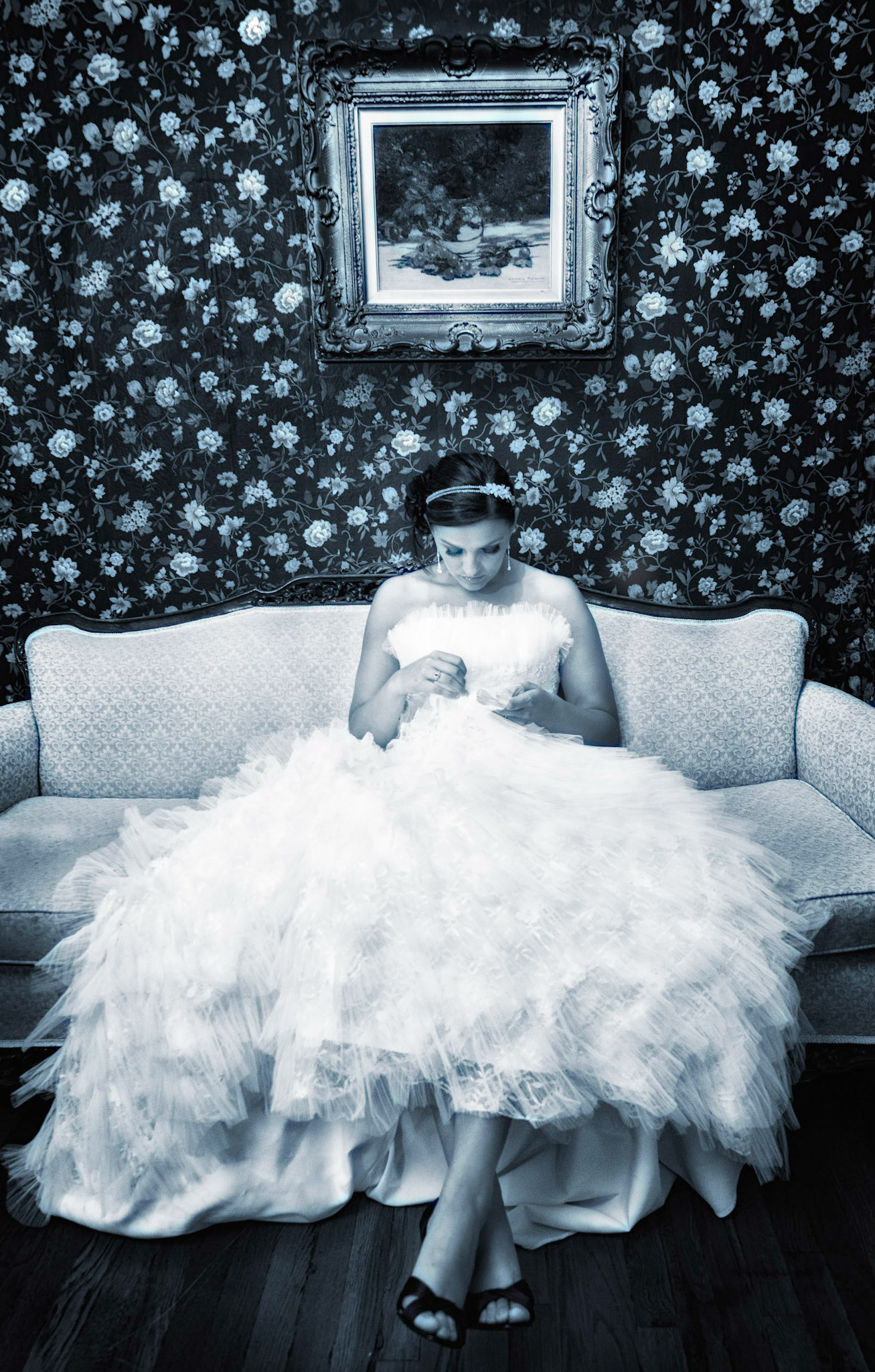 Bride and Flowers in B&W