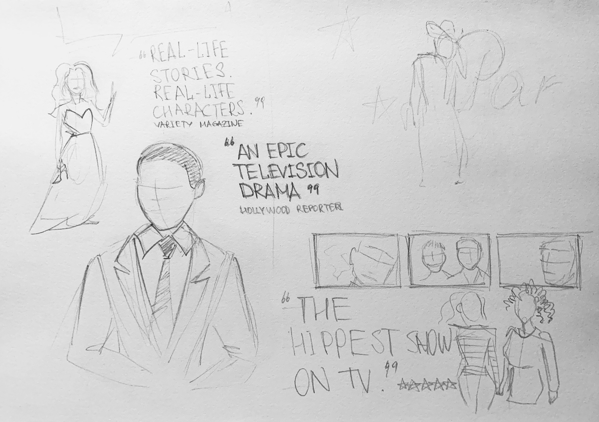 Viacom Cross-Brand LA Office Art (Comedy Central, Paramount Network, TV Land) — First Draft Pencil Sketch for Design Direction 01 (Left Wall Panel)