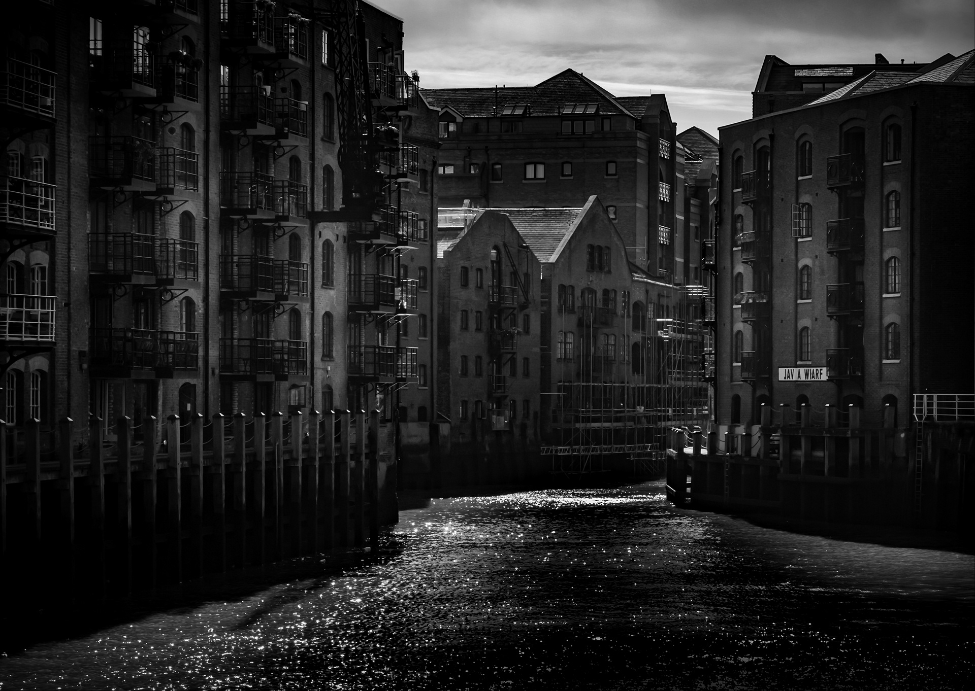 java wharf. black and white photograph