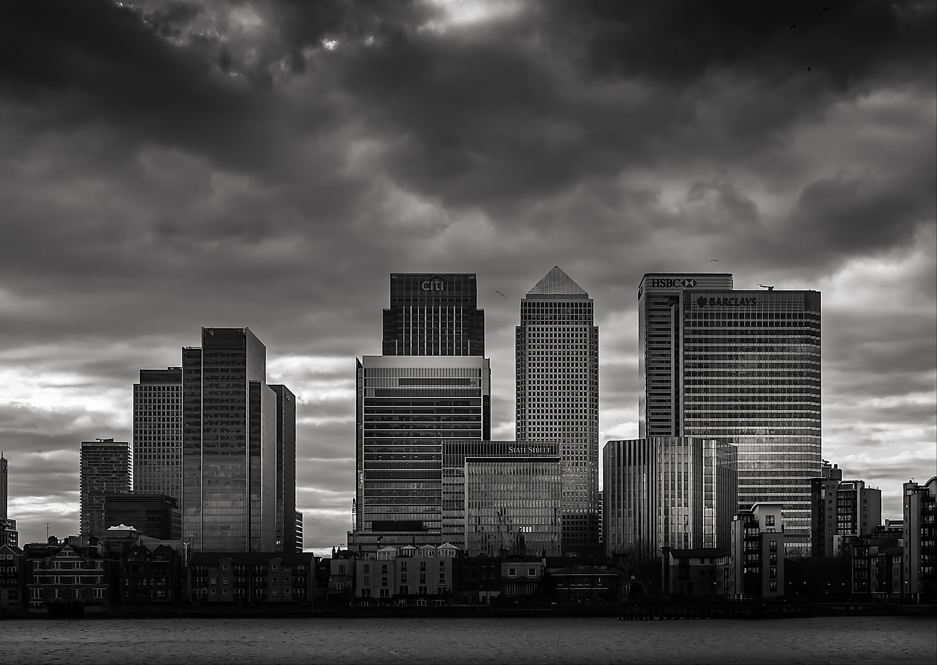 the docklands skyline. east london. black and white photograph