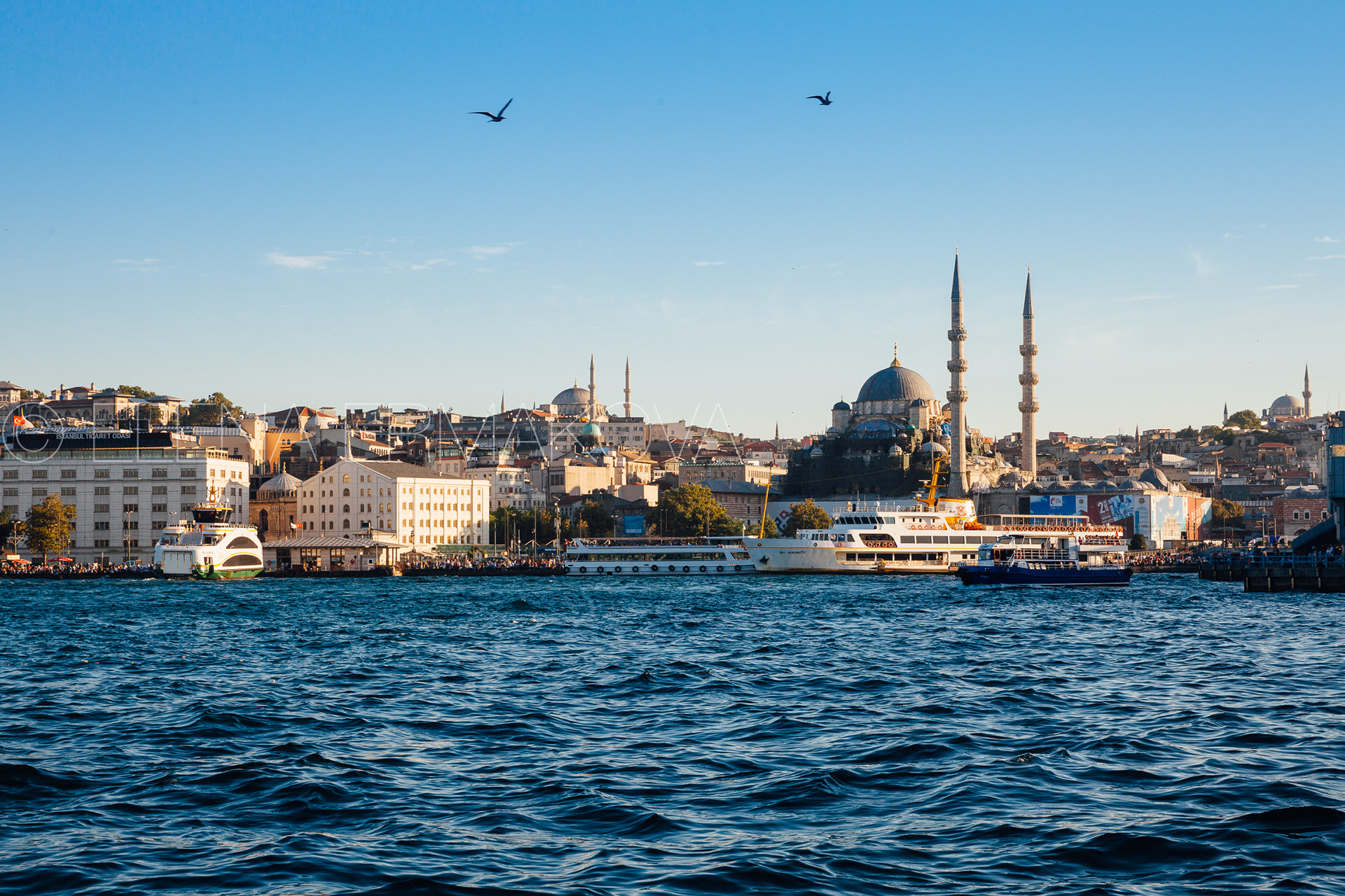 A beautiful view of the Golden Horn and the New Mosque at sunset, Istanbul, Turkey