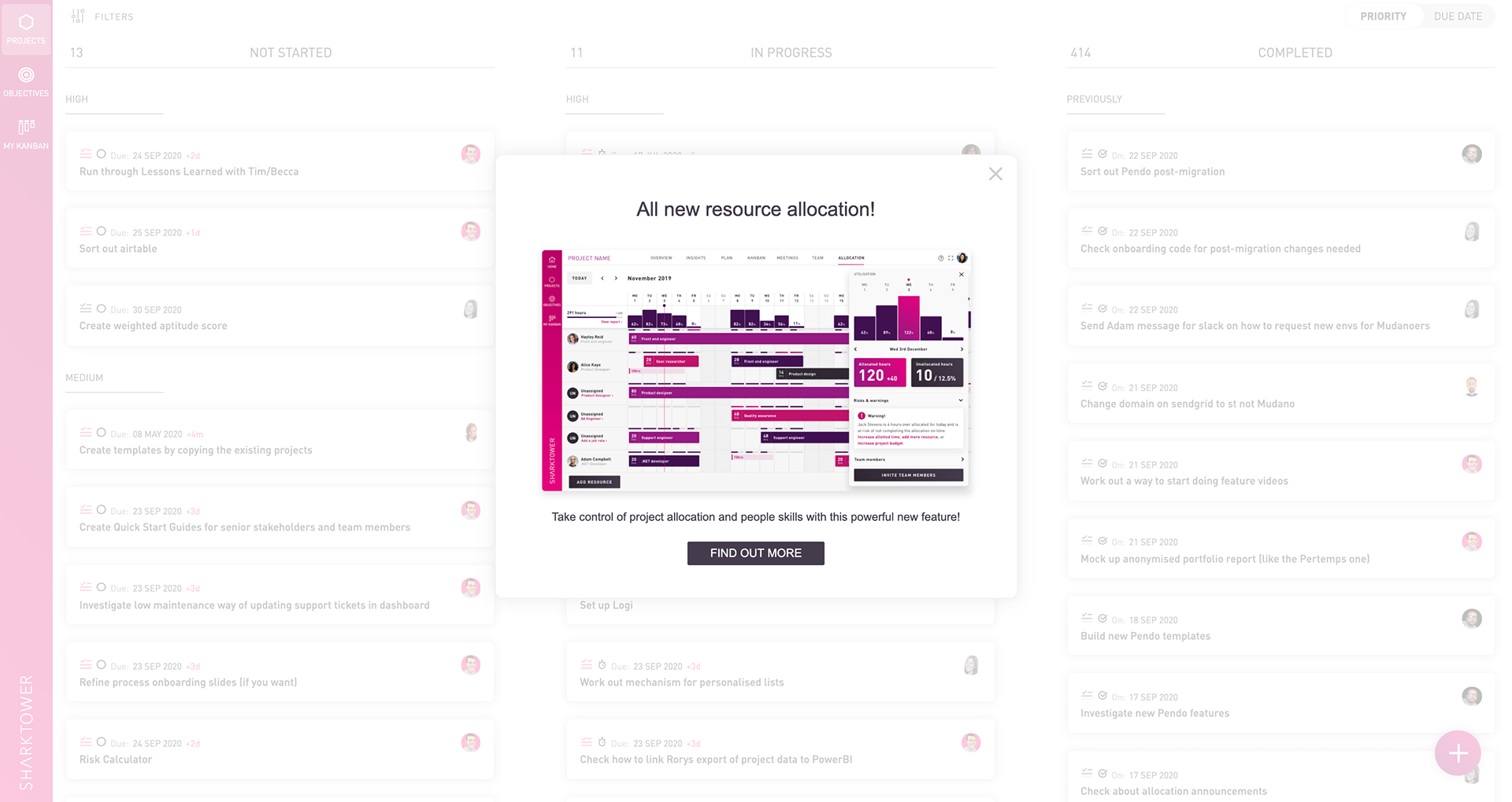 In-app engagement for Sharktower 