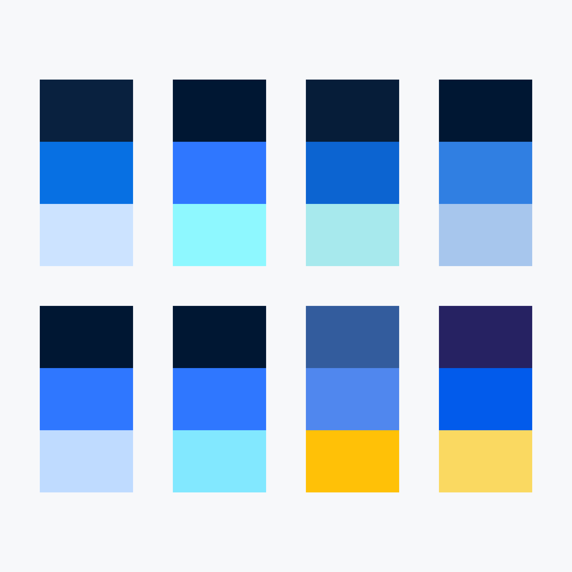 Array of three-colour swatches in blues, blues and aqua and blues with yellow