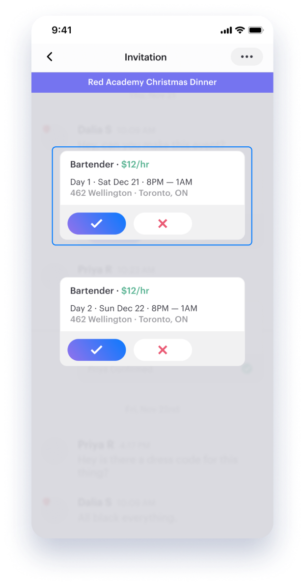 Revised wireframe of event invitation in chat screen, invitations condensed to highlight most relevant information