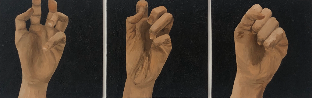 "Frustration" | 8” x 24” | Acrylic and gel medium on canvas board | This is a mini series in my investigation that explores how the hand can convey frustration through its clenching.