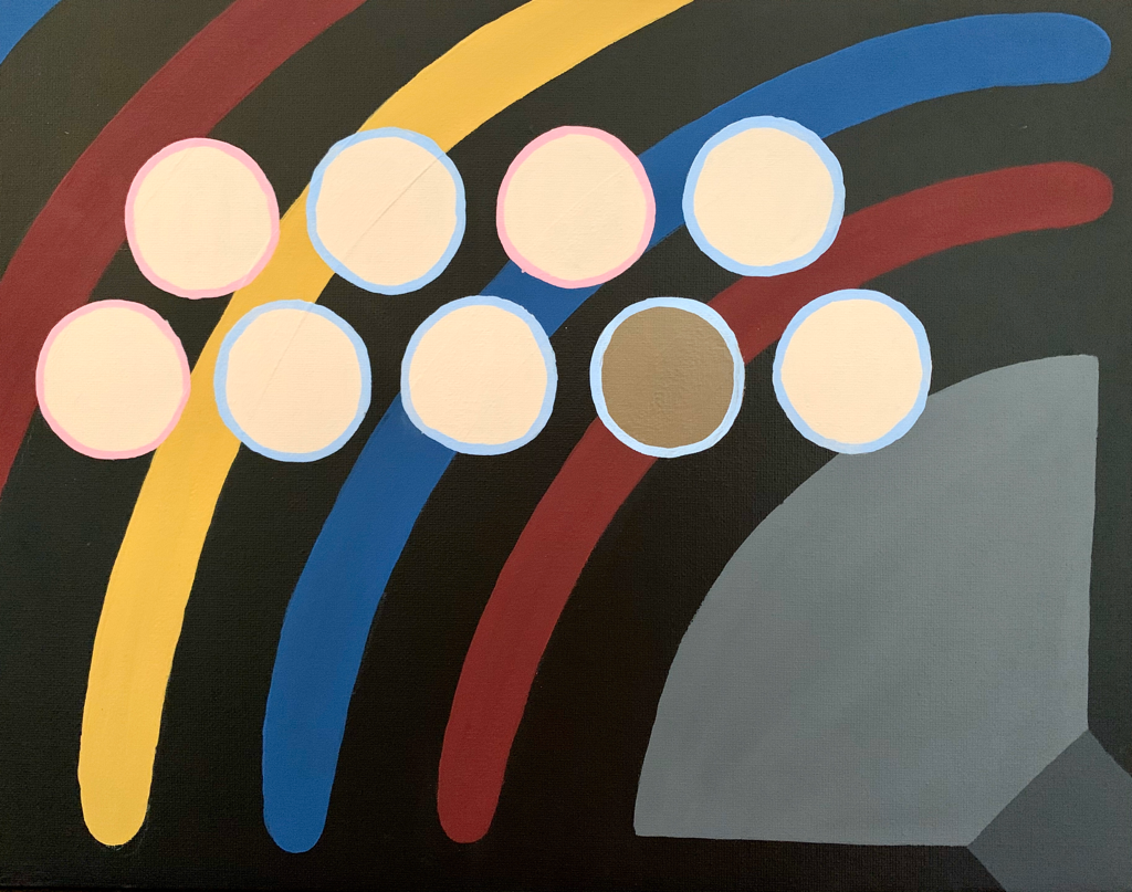 “Ruth Bader Ginsburg” | 11” x 14” | Acrylic | ​Ruth Bader Ginsburg is one of the 3 women on the Supreme Court. Along with that statistic, there is one non-caucasian person in the Supreme Court. To highlight this imbalance, I did 9 circles to represent the 9 total members. I then colored them each off of skin tone and outlined them in either pink or blue, based on gender. Ginsburg was big on speaking up for everyone. Because of this, I did a big speaker in the background with the primary colors.