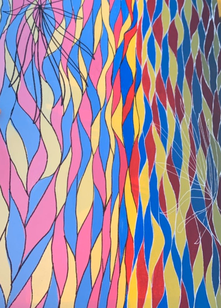 “Rainbow Feelings” | 16” x 20” | Acrylic, micron pen, and white gel pen | ​I created this artwork by putting the pure red, yellow, and blue in the middle and gradually changing the color. The darker color resembles how our feelings change to darker and harder emotions and vice versa to the lighter colors. I placed the outlined plants on top because nature has always soothed me.