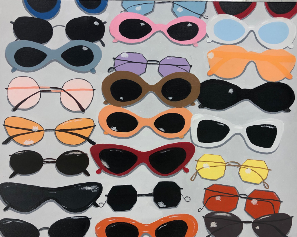 “Through Many Eyes” | 16” x 20” | Acrylic | I love all the different styles of sunglasses because it represents all the different types of people.