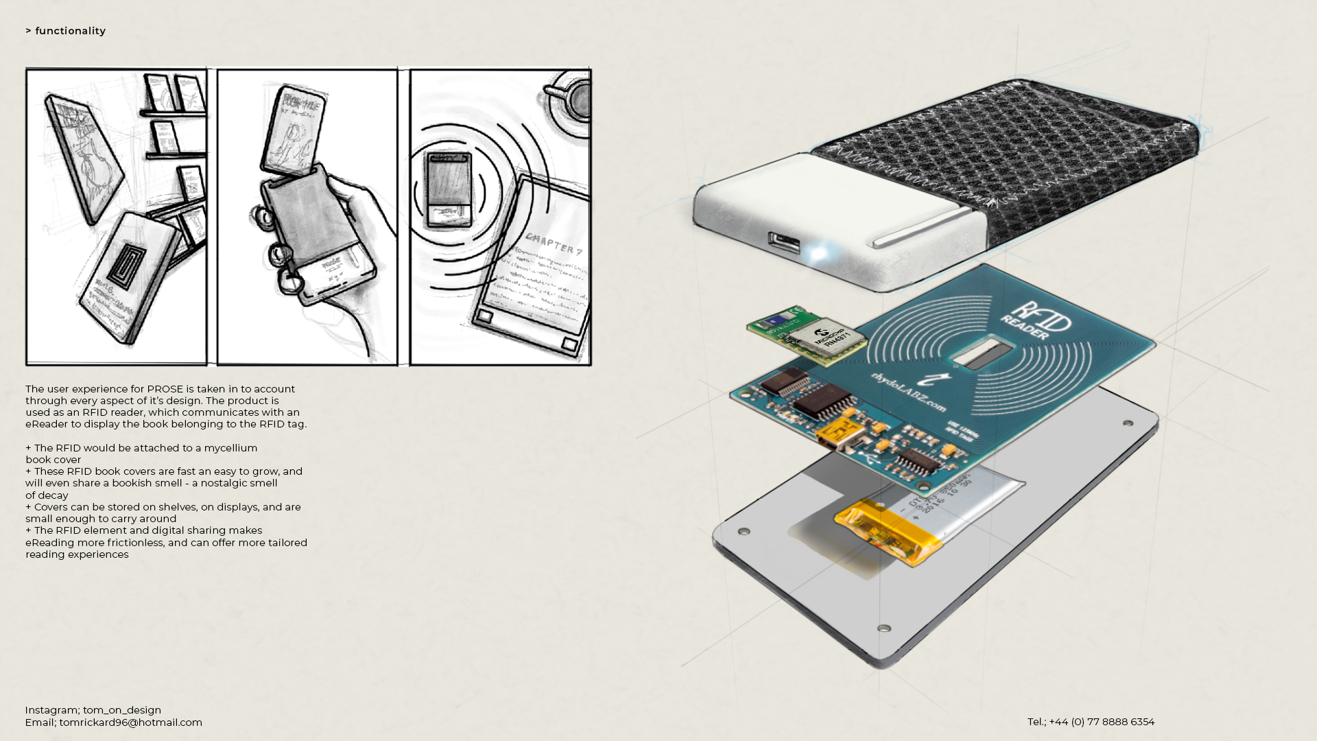 exploded diagram digital sketch of prose showing the raid reader and storyboard showing product use case
